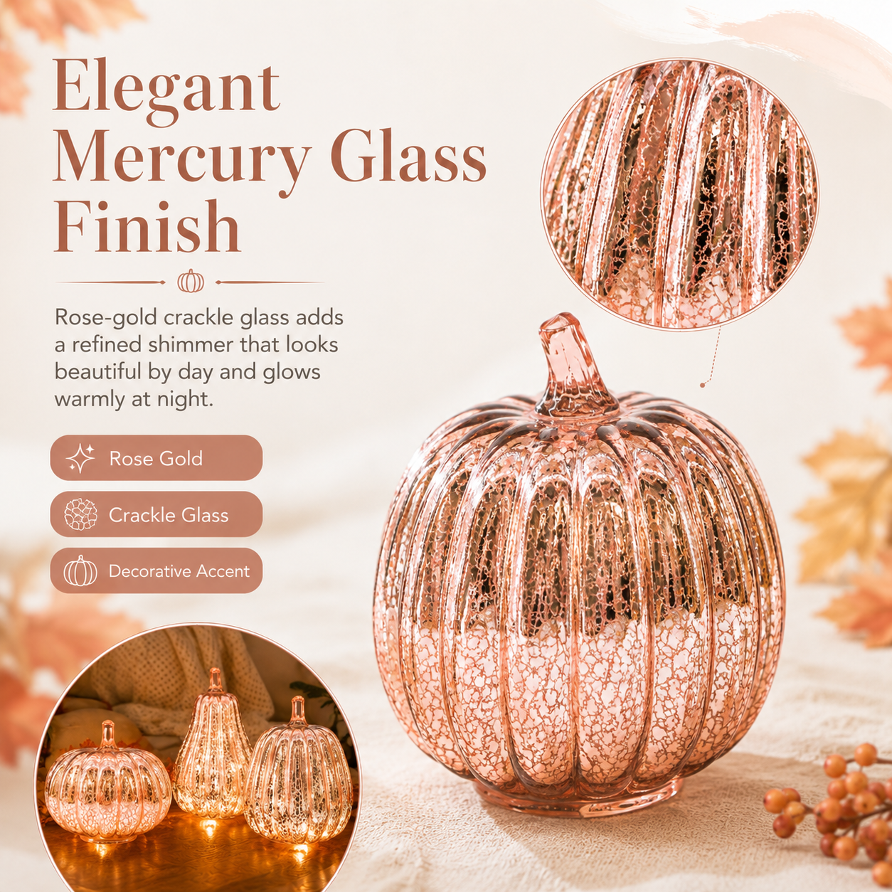 Rose Gold Mercury Glass Pumpkin Light – Battery Operated Fall Tabletop