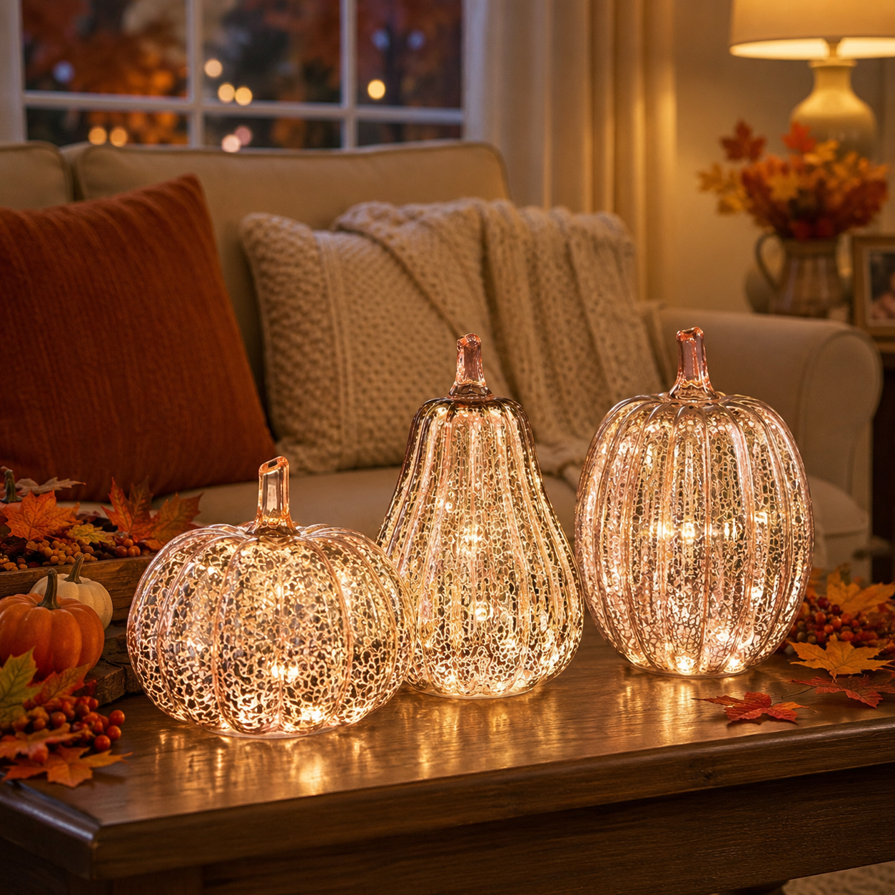 Rose Gold Mercury Glass Pumpkin Light – Battery Operated Fall Tabletop