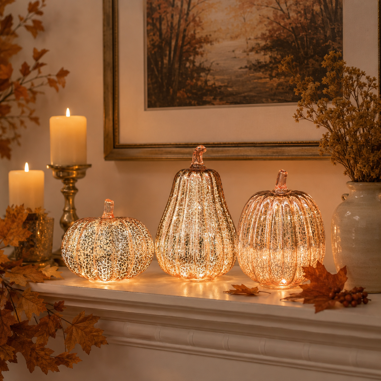 Rose Gold Mercury Glass Pumpkin Light – Battery Operated Fall Tabletop