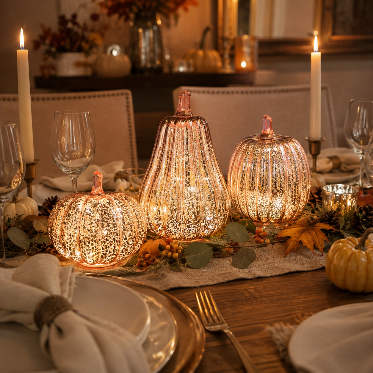 Rose Gold Mercury Glass Pumpkin Light – Battery Operated Fall Tabletop