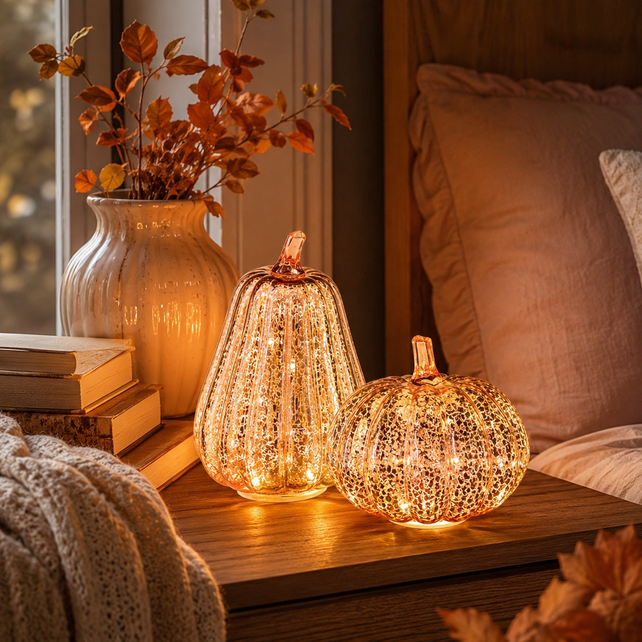 Rose Gold Mercury Glass Pumpkin Light – Battery Operated Fall Tabletop