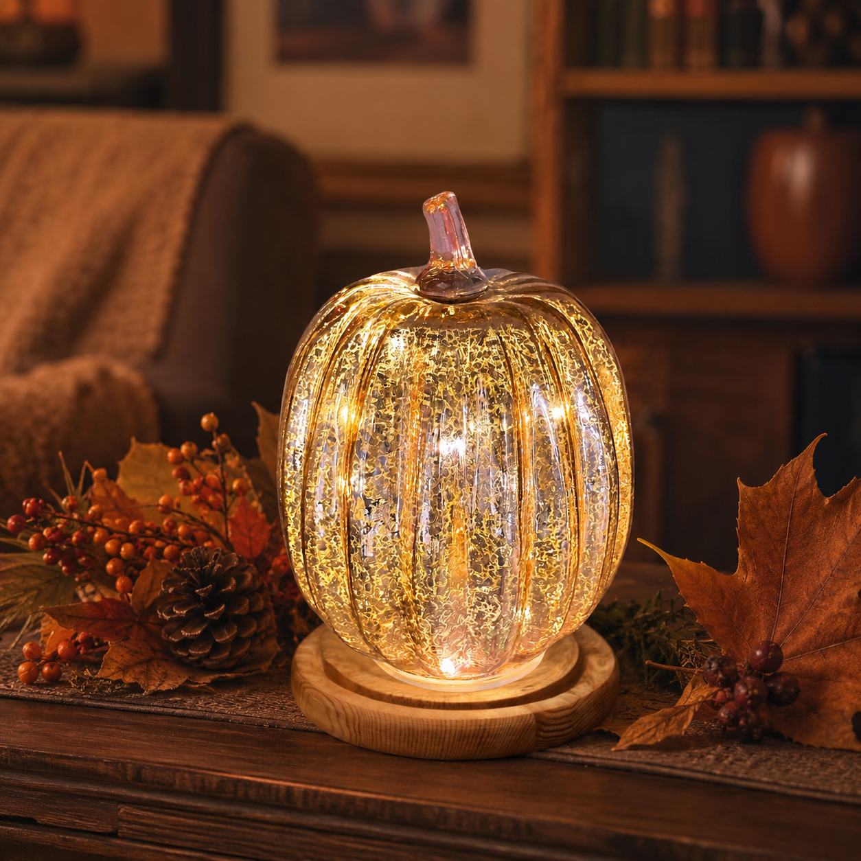 Rose Gold Mercury Glass Pumpkin Light – Battery Operated Fall Tabletop