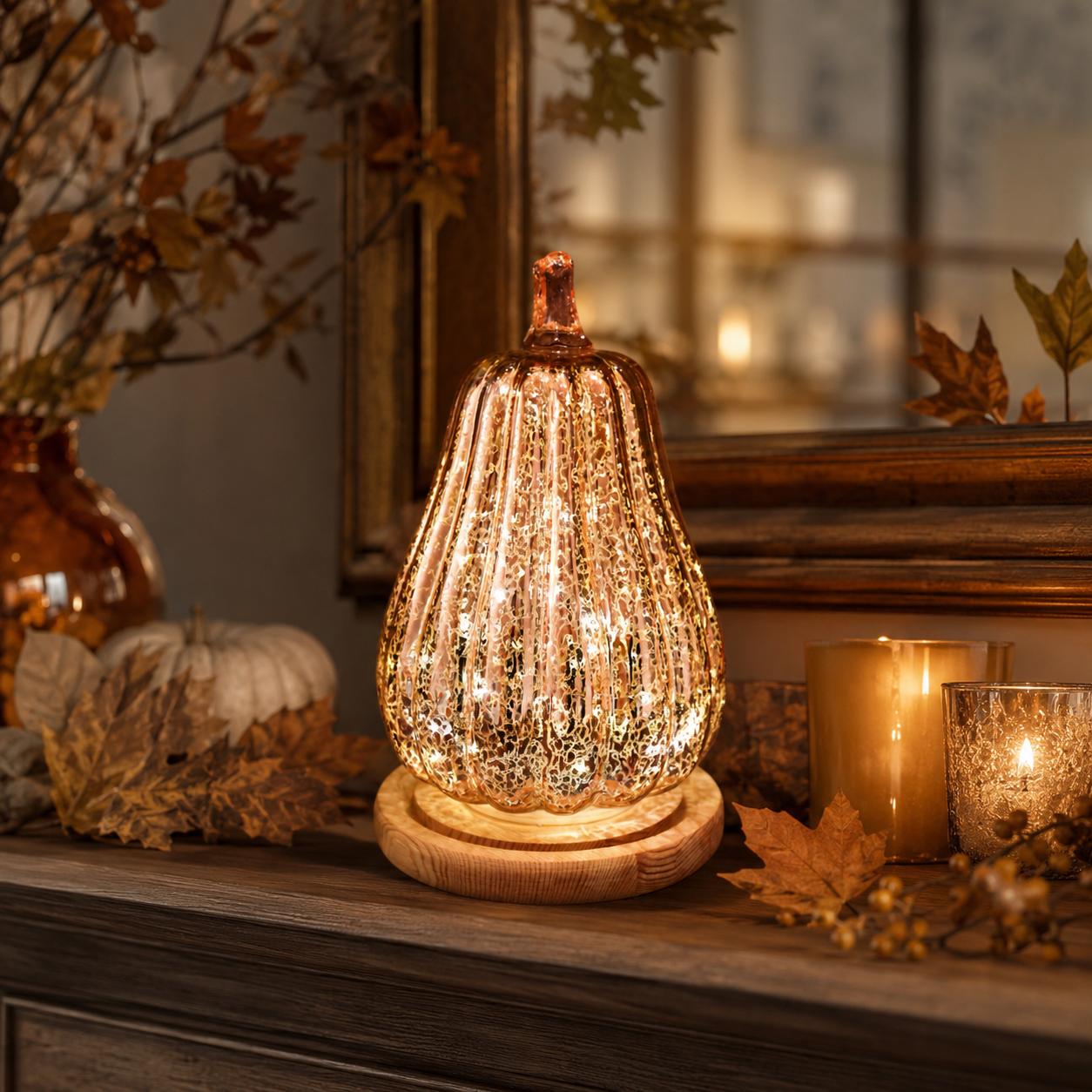 Rose Gold Mercury Glass Pumpkin Light – Battery Operated Fall Tabletop