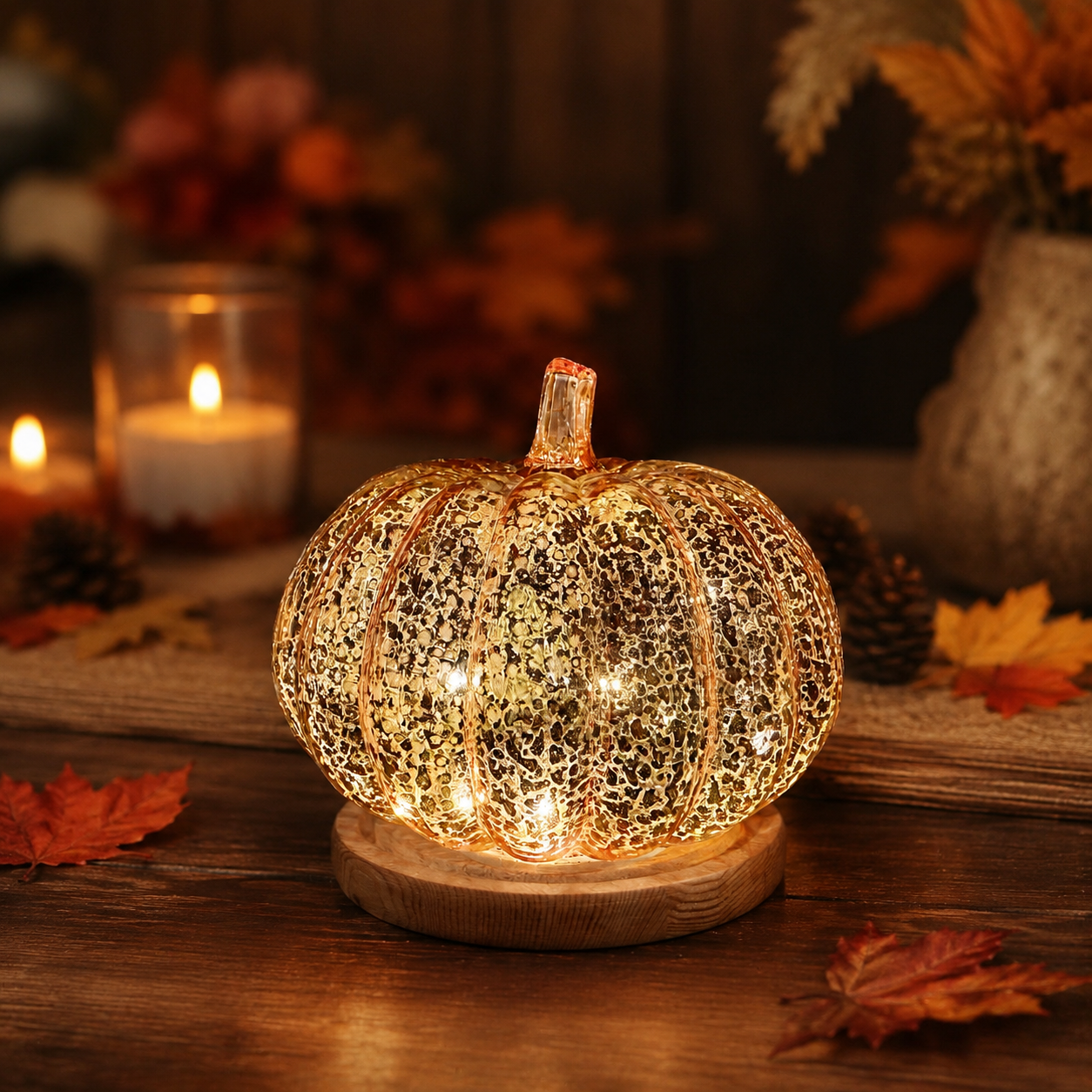 Rose Gold Mercury Glass Pumpkin Light – Battery Operated Fall Tabletop