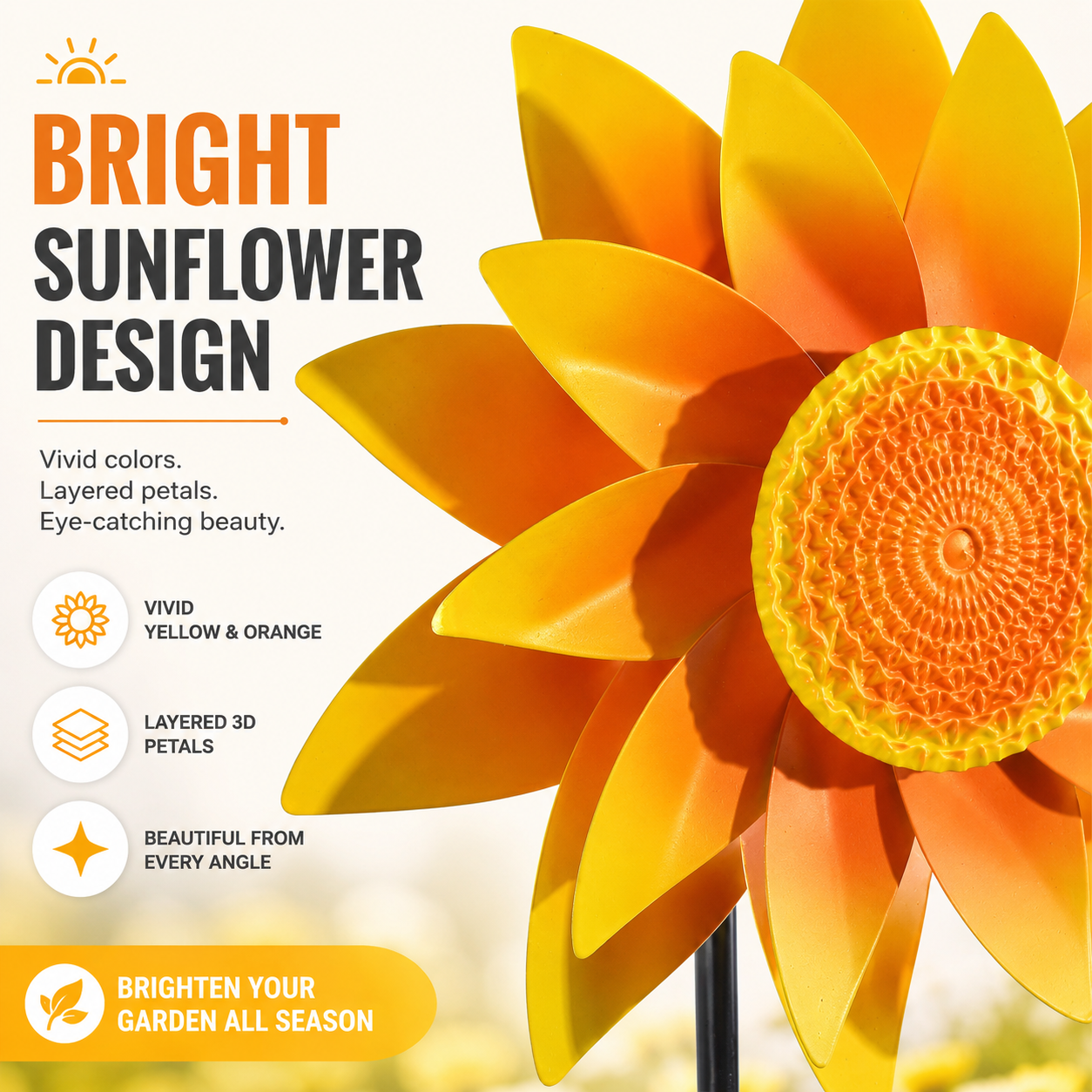 Rotating Sunflower Wind Spinner Garden Decor, Outdoor Flower Windmill Stake & Wall Welcome Sign for Lawn, Fence, Porch, Patio and Flower Bed