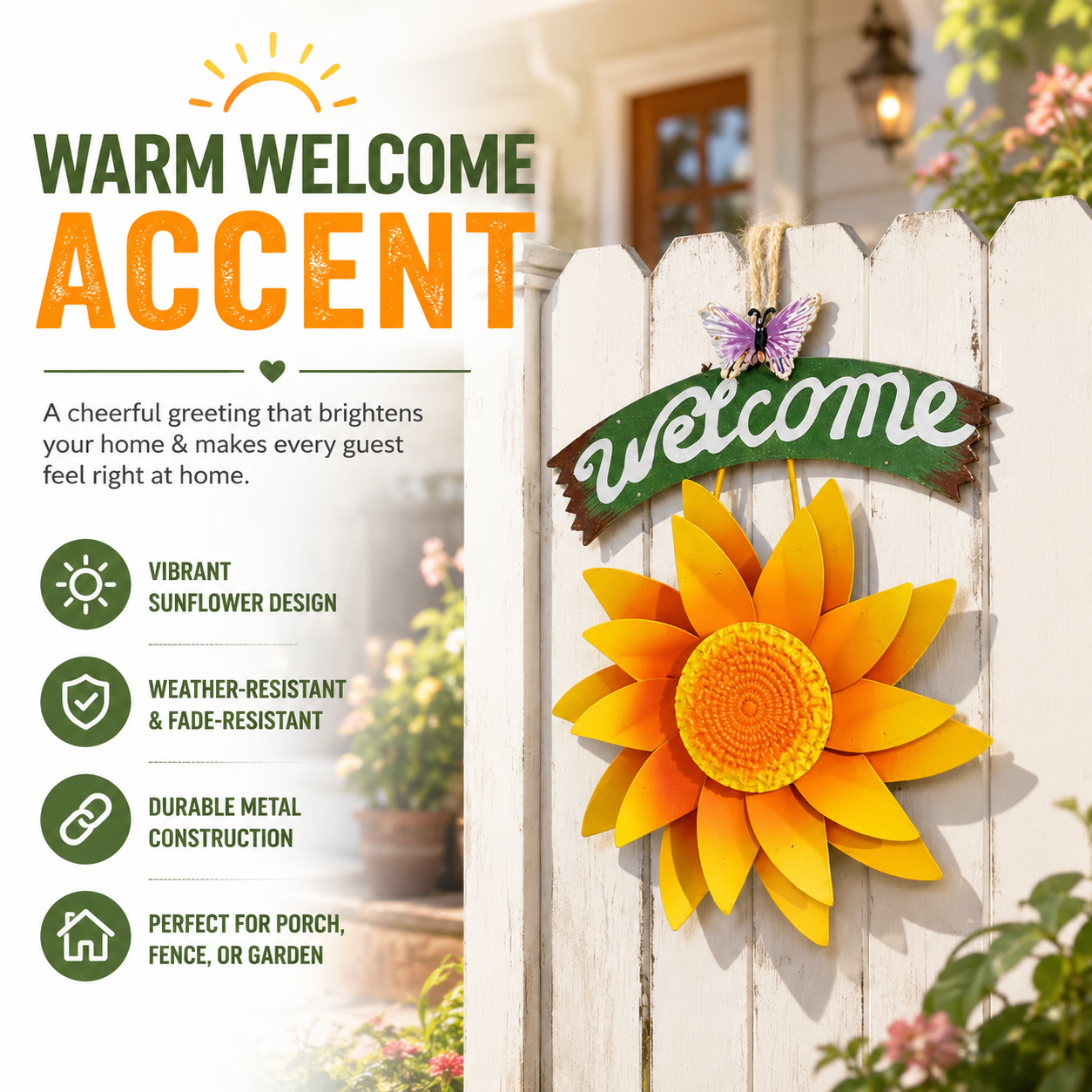 Rotating Sunflower Wind Spinner Garden Decor, Outdoor Flower Windmill Stake & Wall Welcome Sign for Lawn, Fence, Porch, Patio and Flower Bed