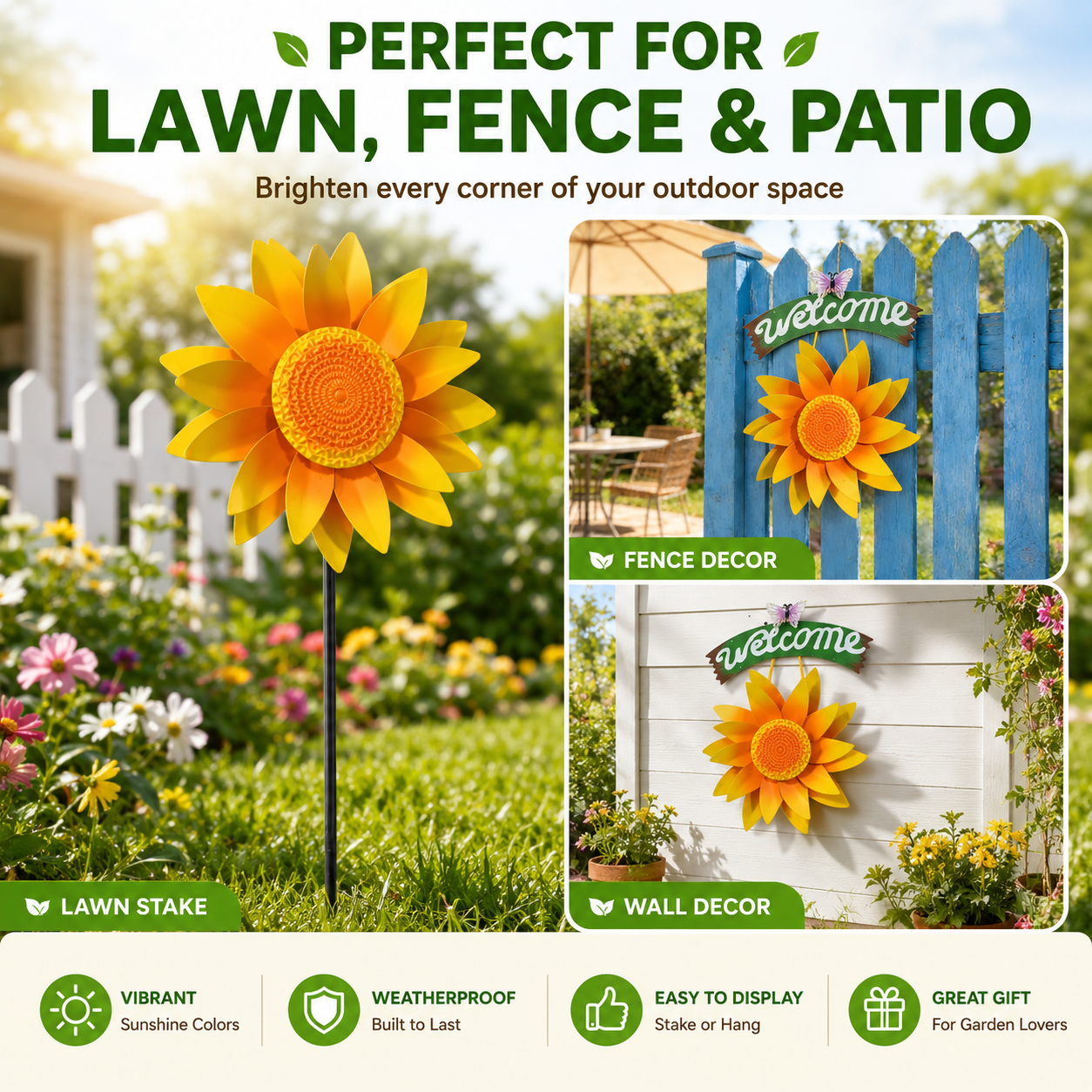 Rotating Sunflower Wind Spinner Garden Decor, Outdoor Flower Windmill Stake & Wall Welcome Sign for Lawn, Fence, Porch, Patio and Flower Bed
