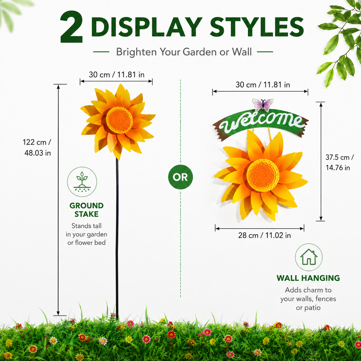 Rotating Sunflower Wind Spinner Garden Decor, Outdoor Flower Windmill Stake & Wall Welcome Sign for Lawn, Fence, Porch, Patio and Flower Bed