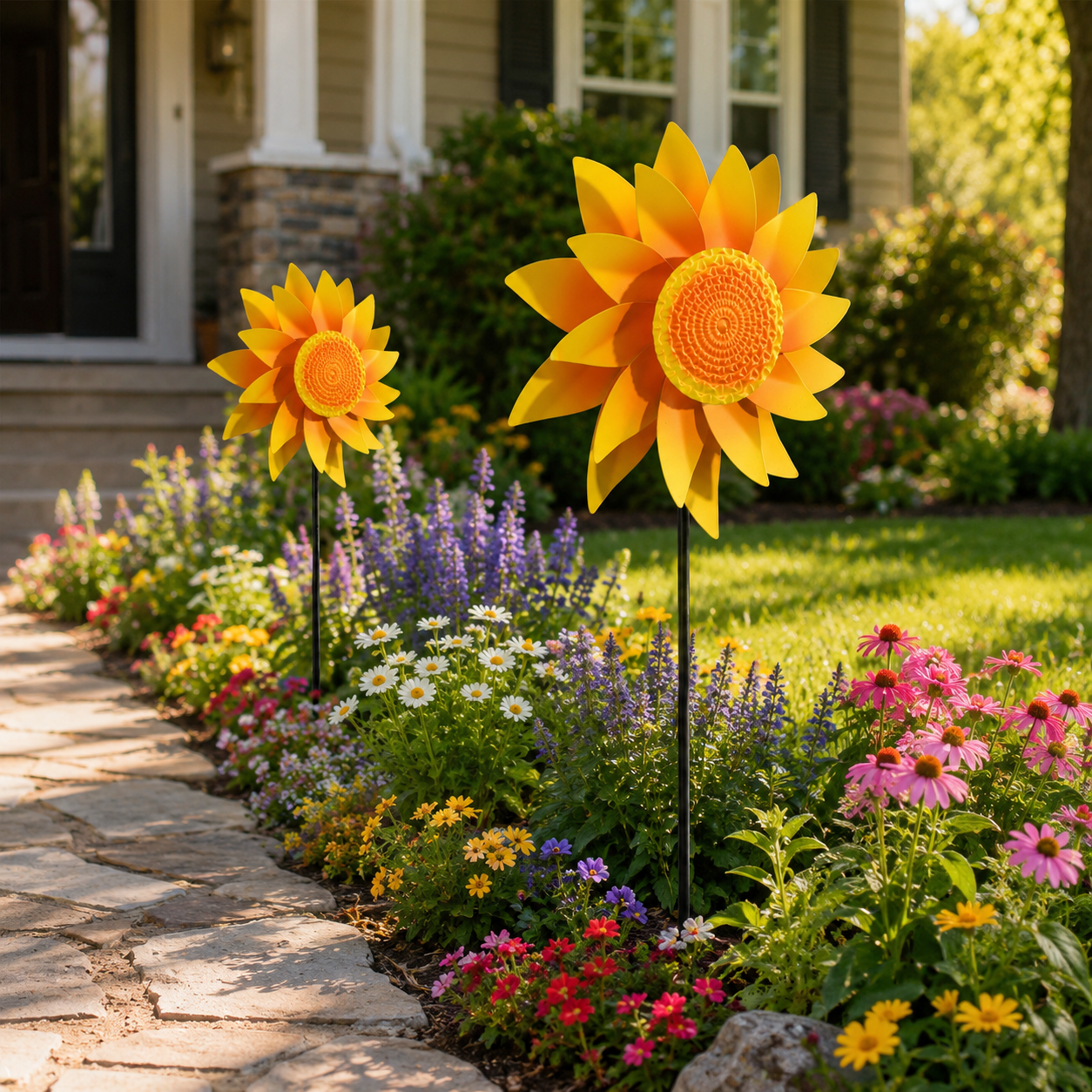 Rotating Sunflower Wind Spinner Garden Decor, Outdoor Flower Windmill Stake & Wall Welcome Sign for Lawn, Fence, Porch, Patio and Flower Bed