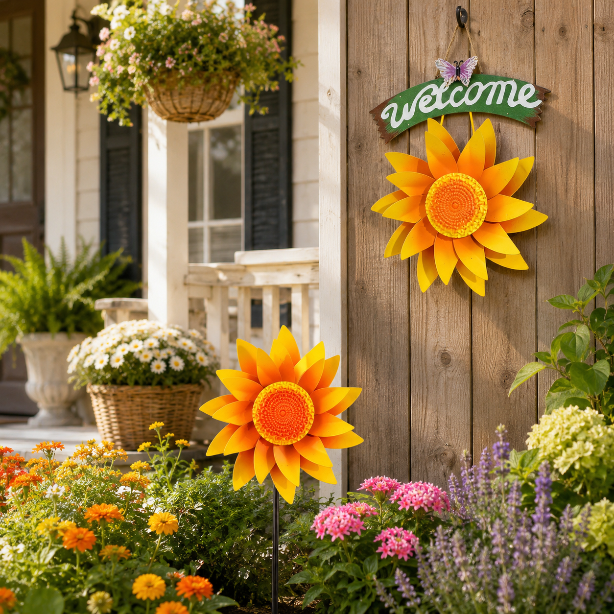 Rotating Sunflower Wind Spinner Garden Decor, Outdoor Flower Windmill Stake & Wall Welcome Sign for Lawn, Fence, Porch, Patio and Flower Bed