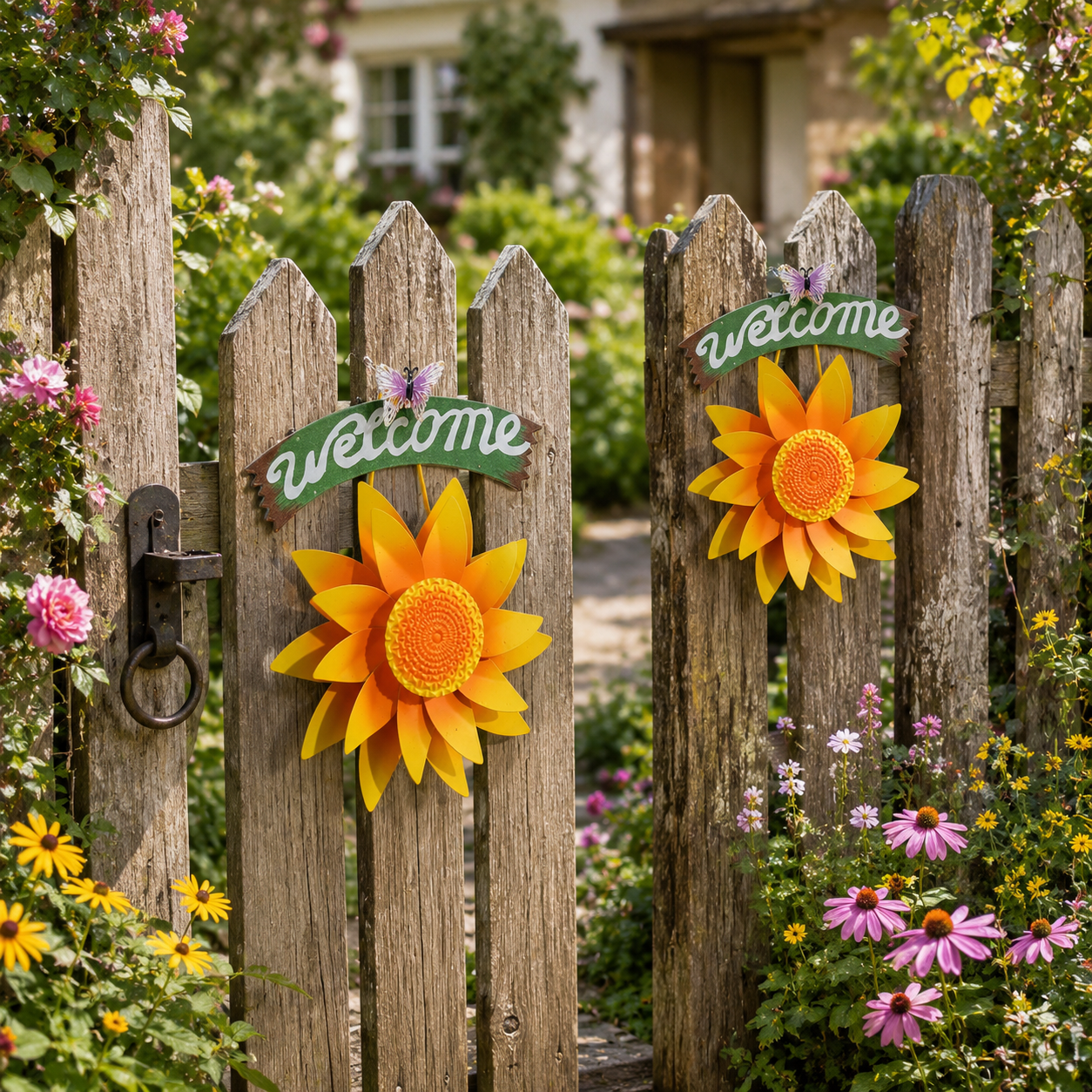Rotating Sunflower Wind Spinner Garden Decor, Outdoor Flower Windmill Stake & Wall Welcome Sign for Lawn, Fence, Porch, Patio and Flower Bed
