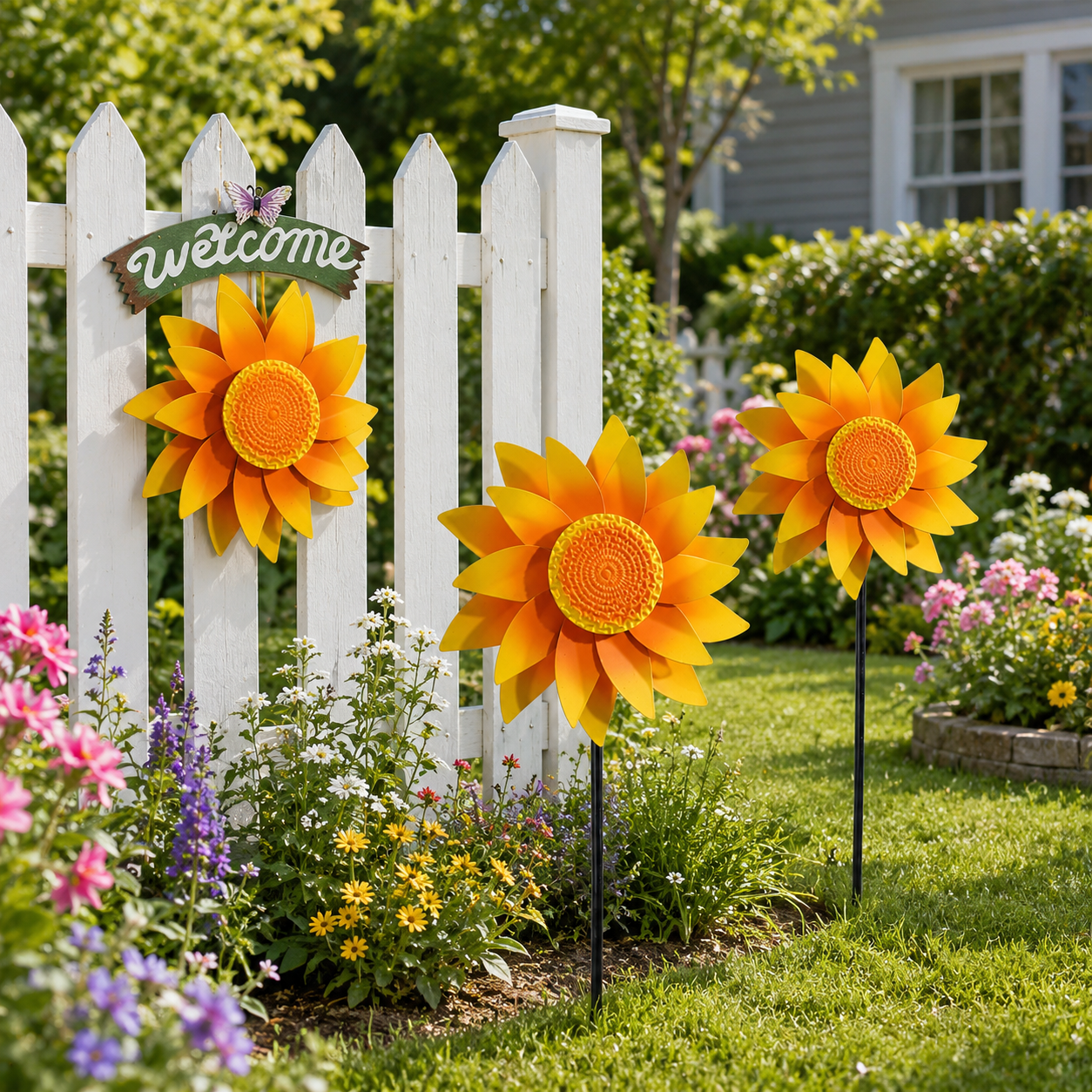 Rotating Sunflower Wind Spinner Garden Decor, Outdoor Flower Windmill Stake & Wall Welcome Sign for Lawn, Fence, Porch, Patio and Flower Bed
