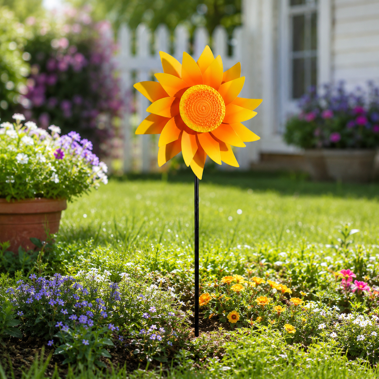 Rotating Sunflower Wind Spinner Garden Decor, Outdoor Flower Windmill Stake & Wall Welcome Sign for Lawn, Fence, Porch, Patio and Flower Bed