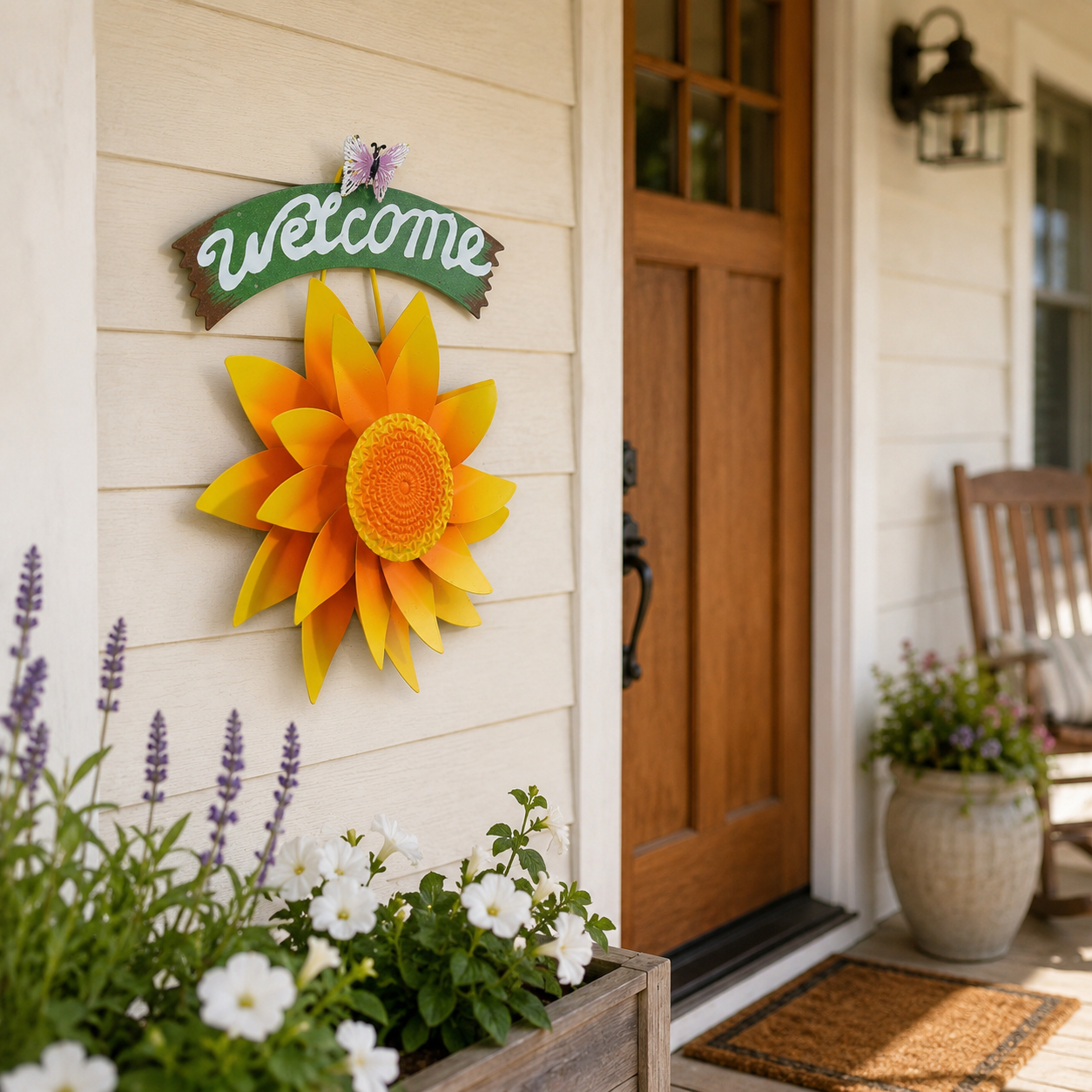 Rotating Sunflower Wind Spinner Garden Decor, Outdoor Flower Windmill Stake & Wall Welcome Sign for Lawn, Fence, Porch, Patio and Flower Bed