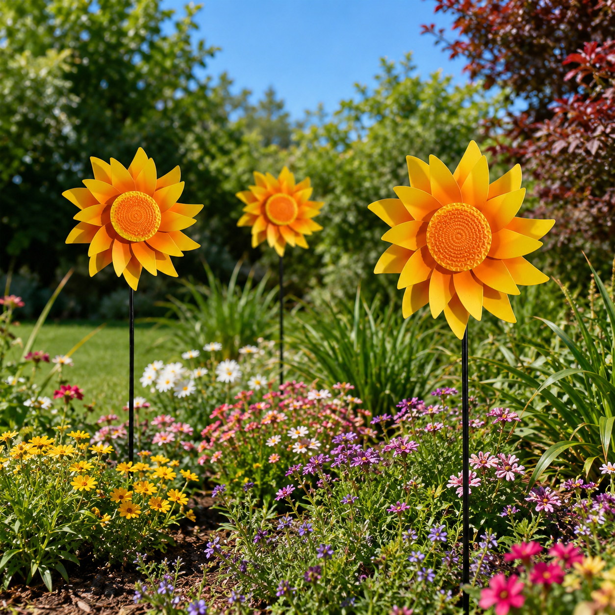 Rotating Sunflower Wind Spinner Garden Decor, Outdoor Flower Windmill Stake & Wall Welcome Sign for Lawn, Fence, Porch, Patio and Flower Bed