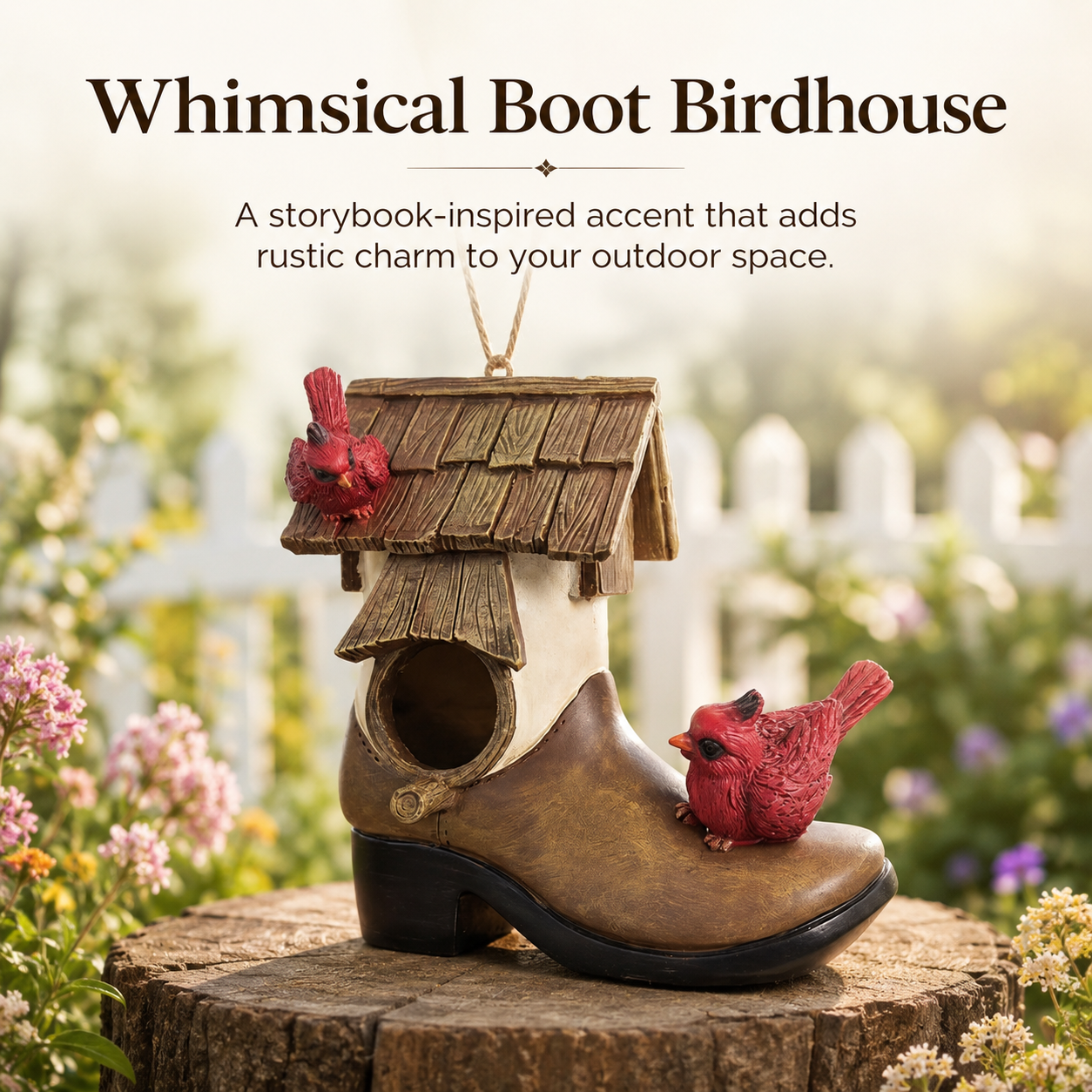 Rustic Boot Birdhouse Garden Decor, Resin Cardinal Bird House