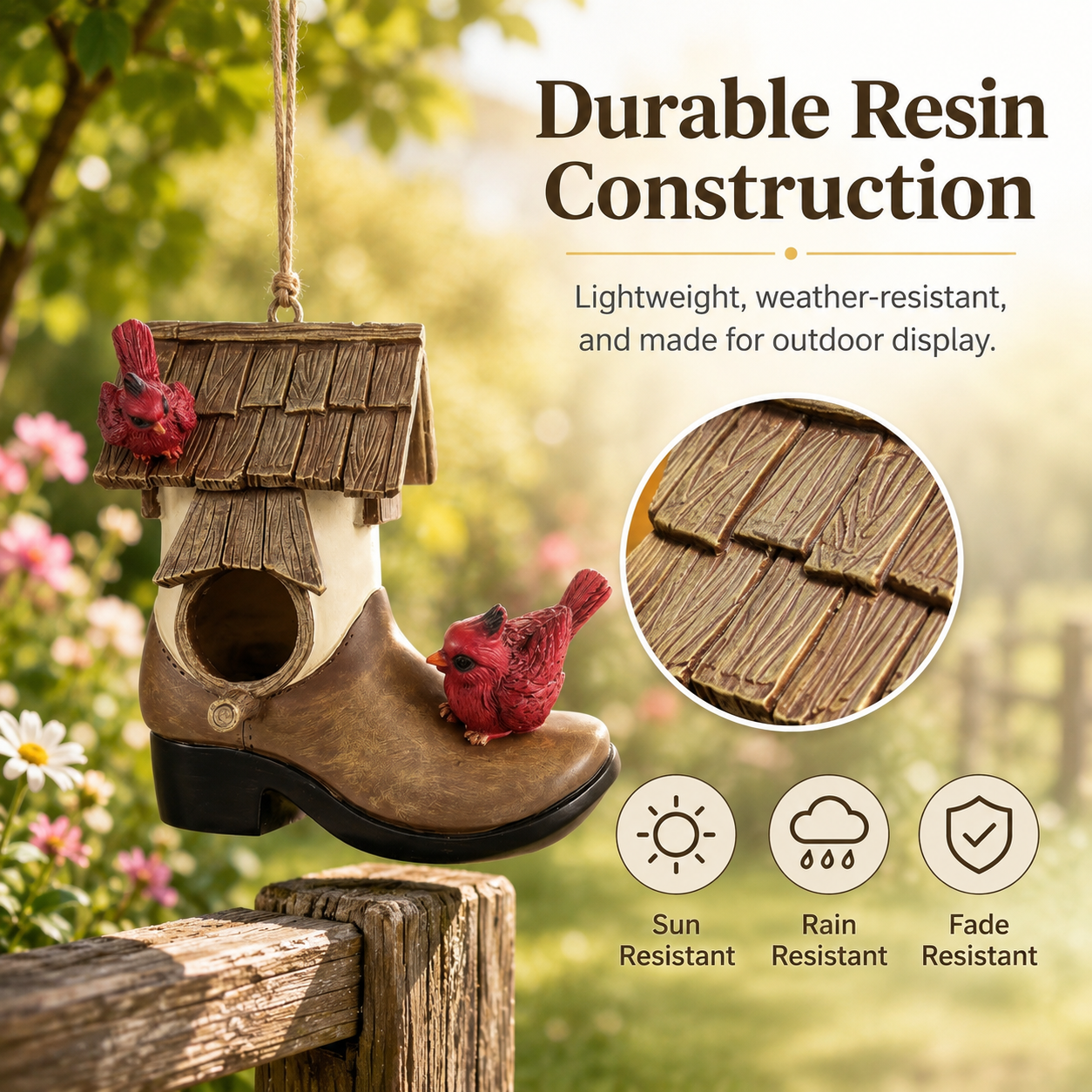 Rustic Boot Birdhouse Garden Decor, Resin Cardinal Bird House