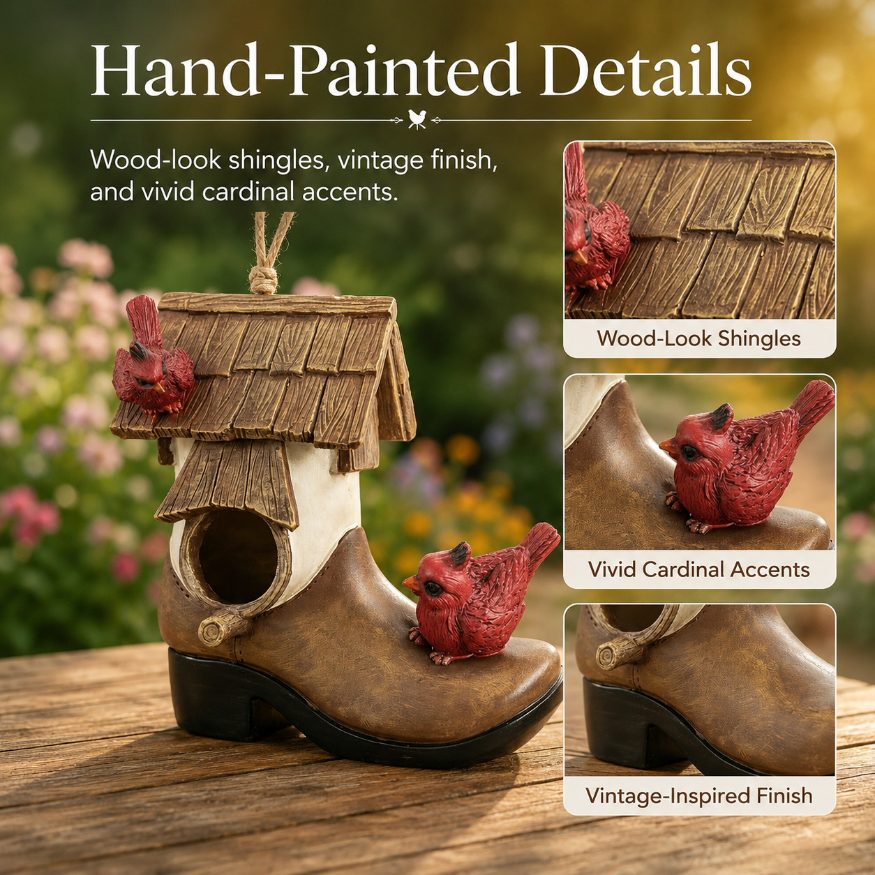 Rustic Boot Birdhouse Garden Decor, Resin Cardinal Bird House