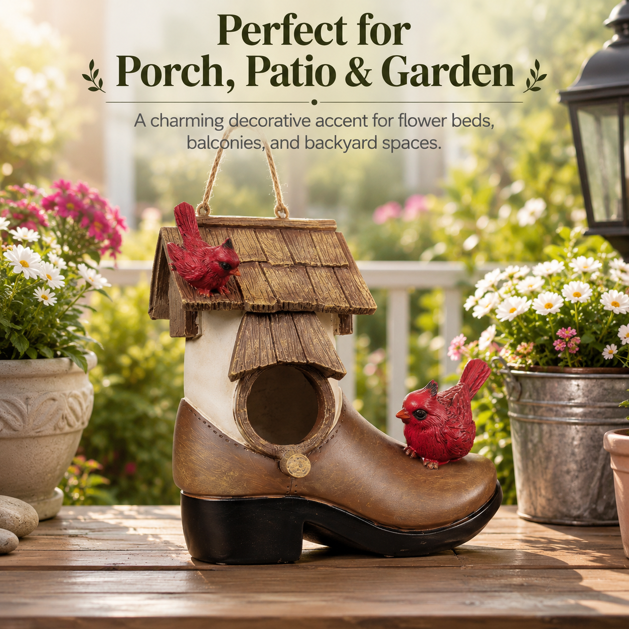 Rustic Boot Birdhouse Garden Decor, Resin Cardinal Bird House