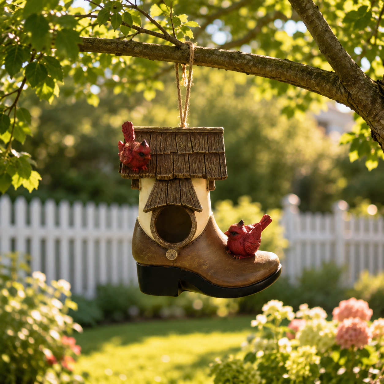 Rustic Boot Birdhouse Garden Decor, Resin Cardinal Bird House