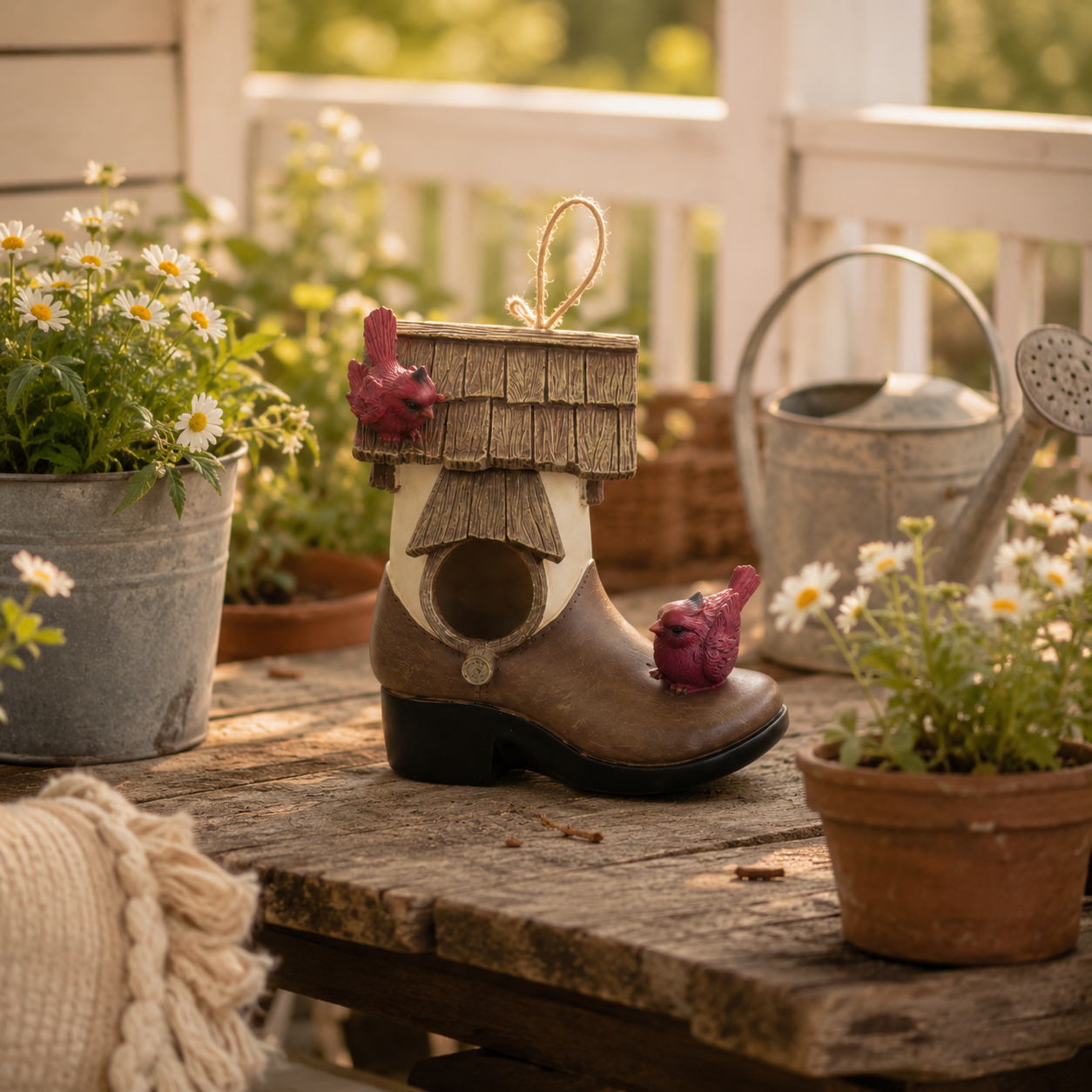 Rustic Boot Birdhouse Garden Decor, Resin Cardinal Bird House