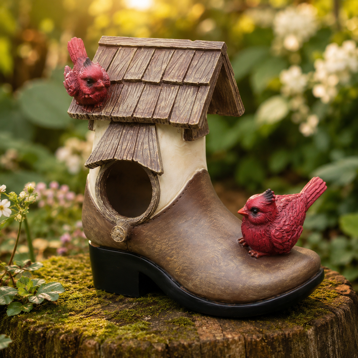 Rustic Boot Birdhouse Garden Decor, Resin Cardinal Bird House