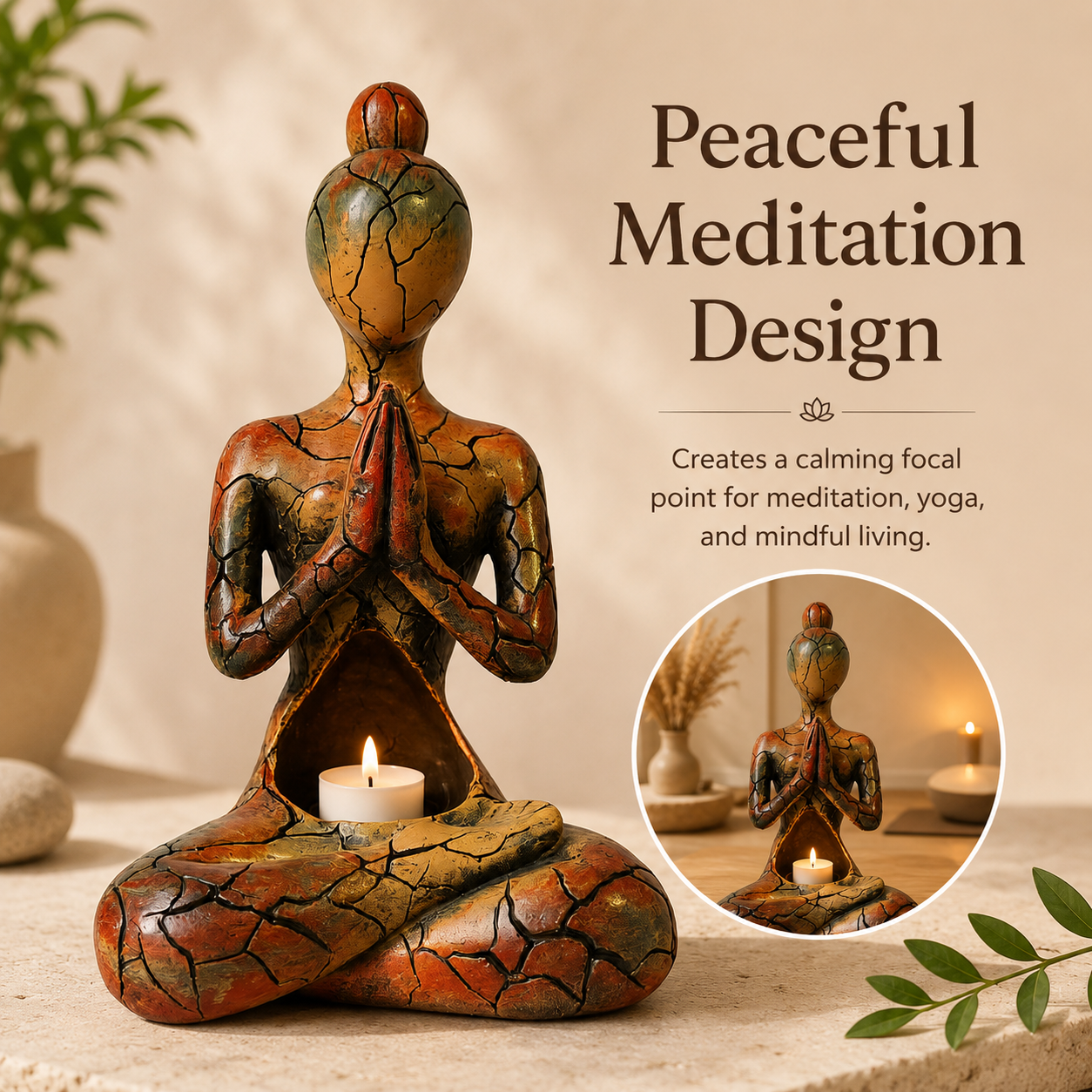 Meditating Yoga Woman Tealight Candle Holder Statue, Rustic Crackle Resin