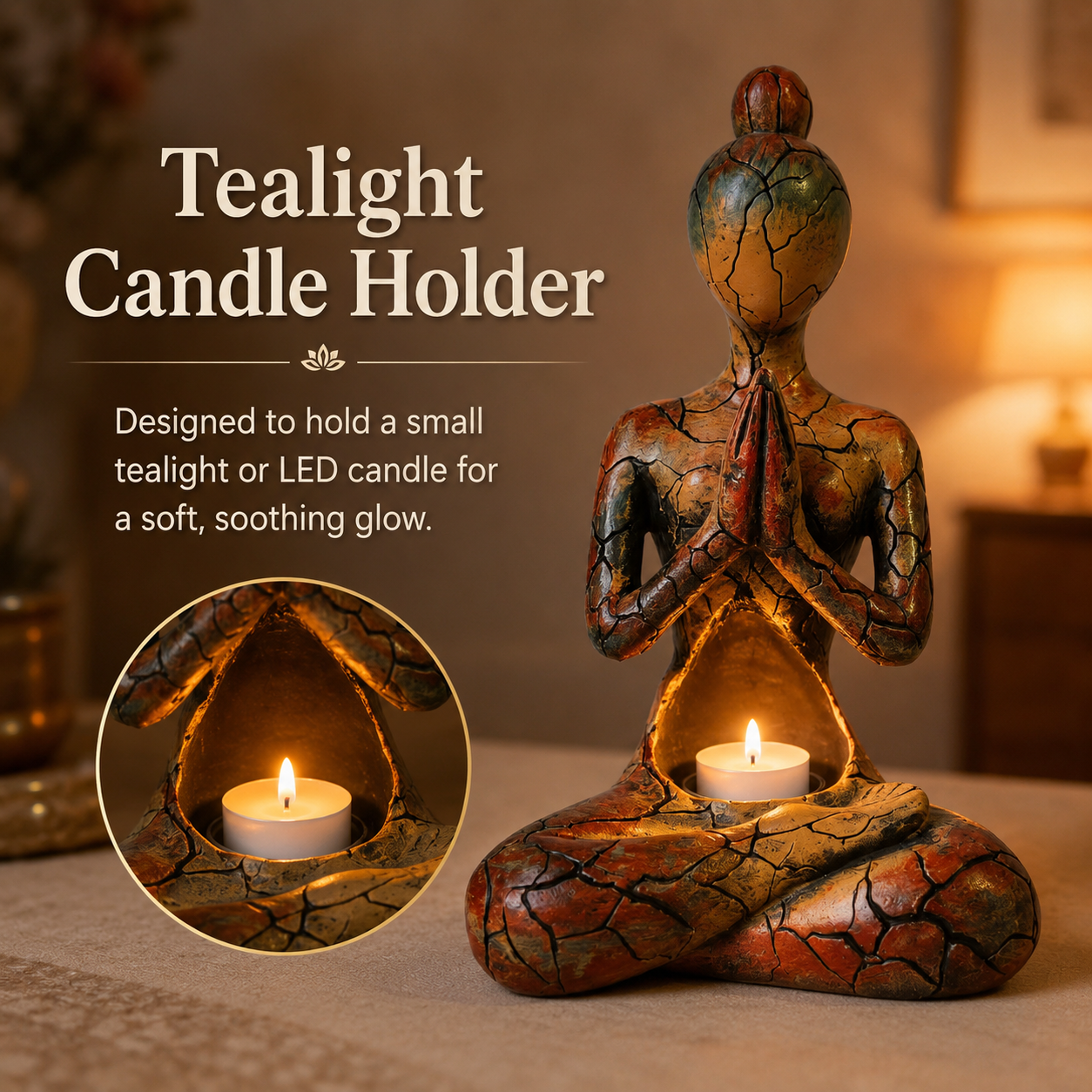 Meditating Yoga Woman Tealight Candle Holder Statue, Rustic Crackle Resin