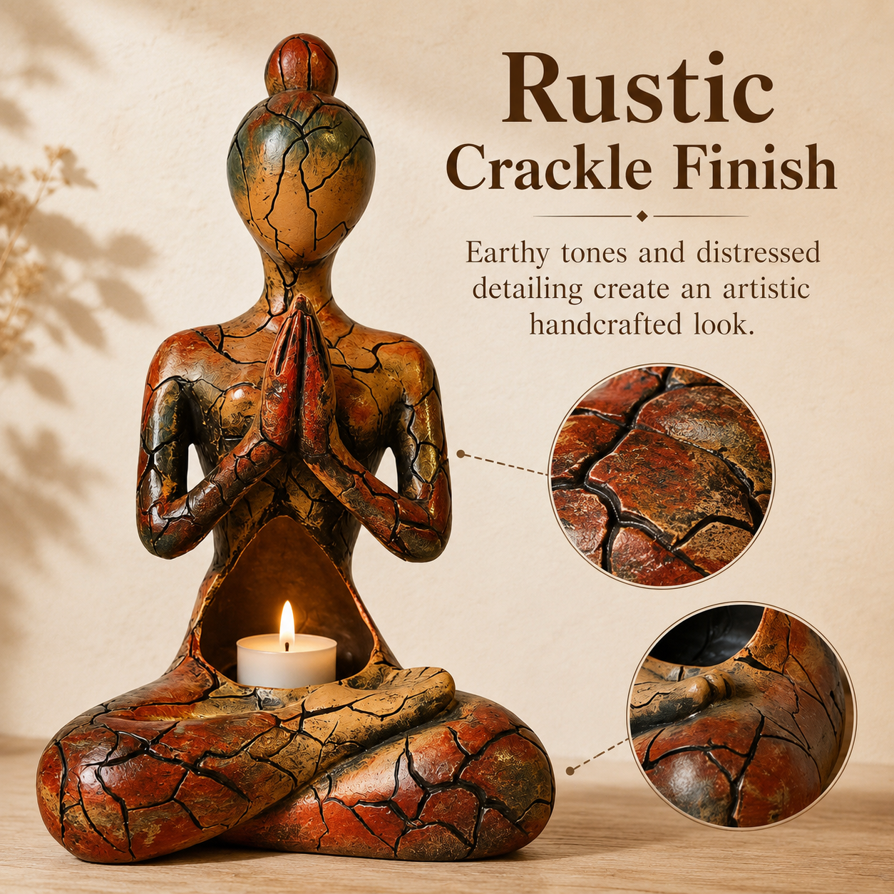 Meditating Yoga Woman Tealight Candle Holder Statue, Rustic Crackle Resin