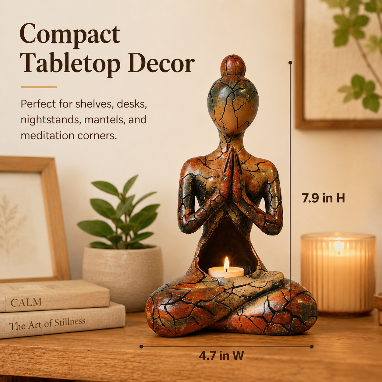 Meditating Yoga Woman Tealight Candle Holder Statue, Rustic Crackle Resin
