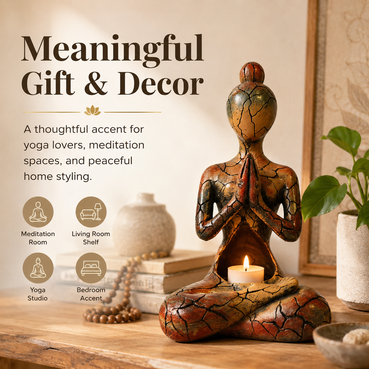 Meditating Yoga Woman Tealight Candle Holder Statue, Rustic Crackle Resin
