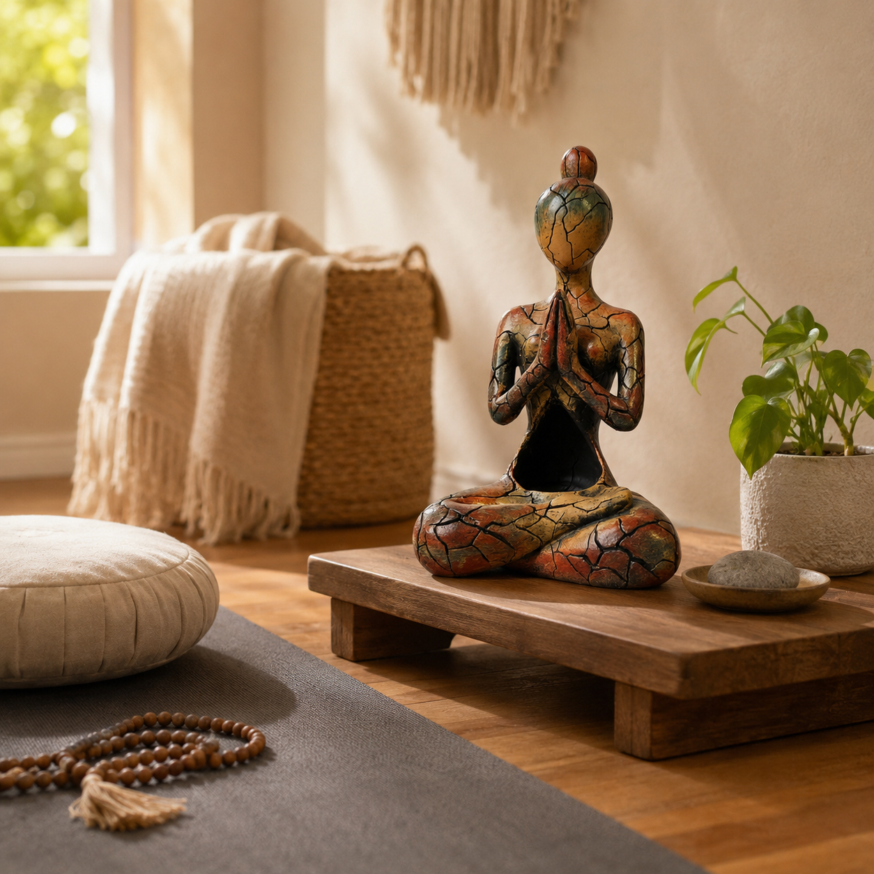 Meditating Yoga Woman Tealight Candle Holder Statue, Rustic Crackle Resin
