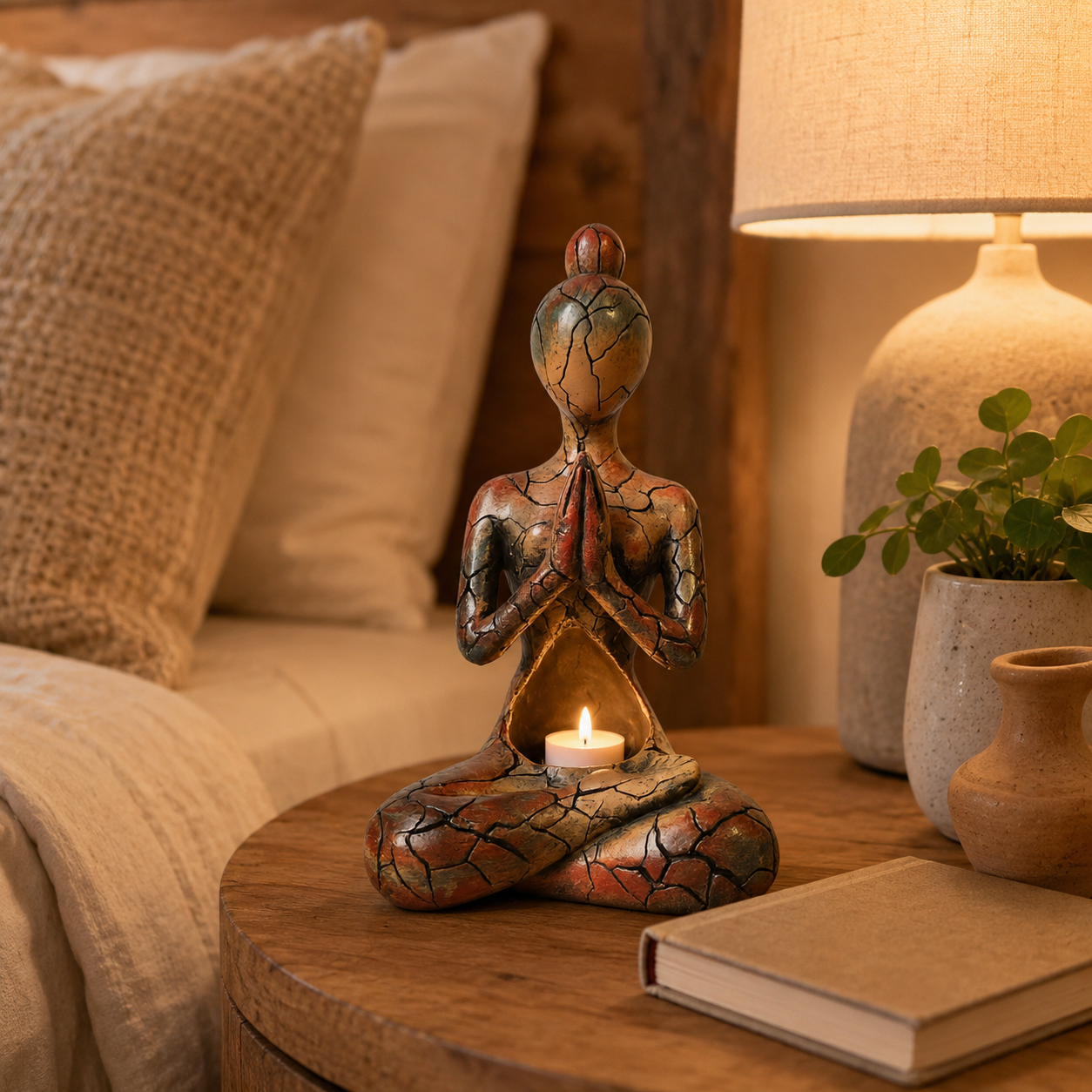 Meditating Yoga Woman Tealight Candle Holder Statue, Rustic Crackle Resin