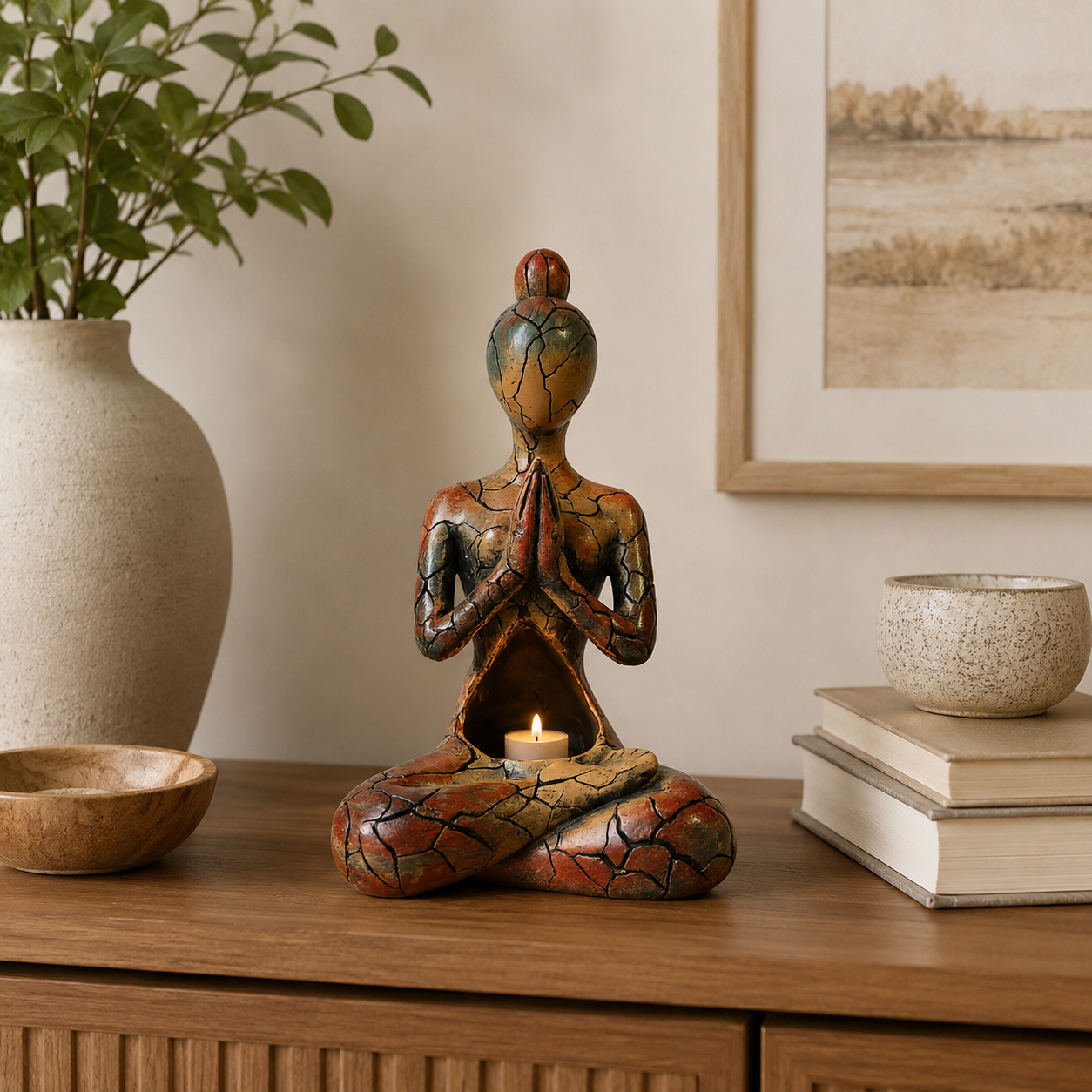 Meditating Yoga Woman Tealight Candle Holder Statue, Rustic Crackle Resin