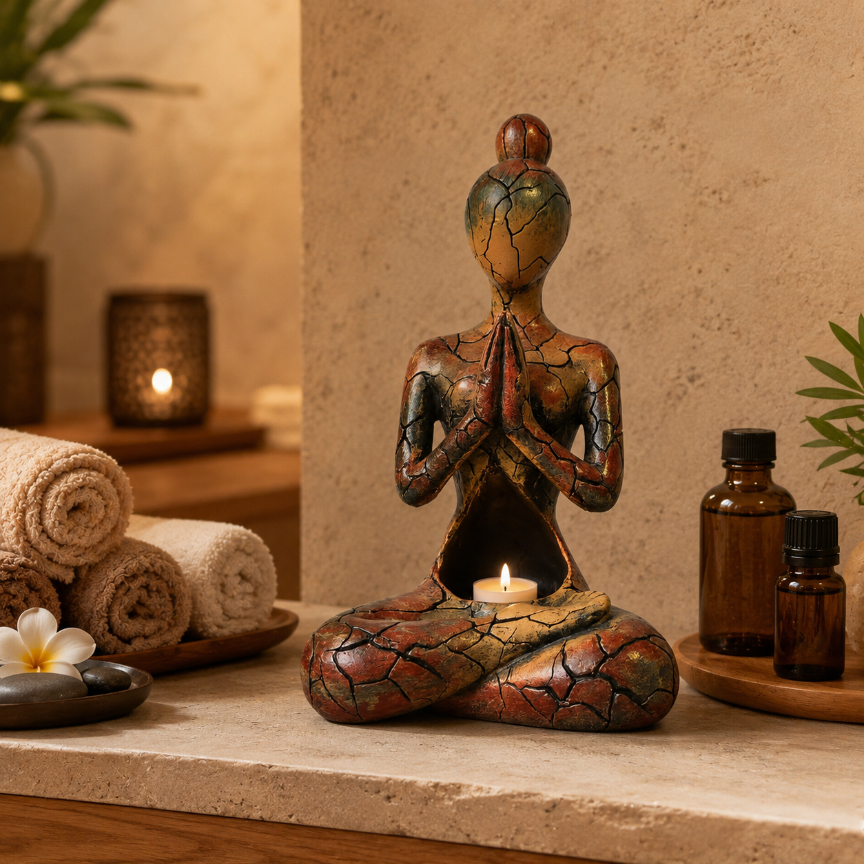 Meditating Yoga Woman Tealight Candle Holder Statue, Rustic Crackle Resin