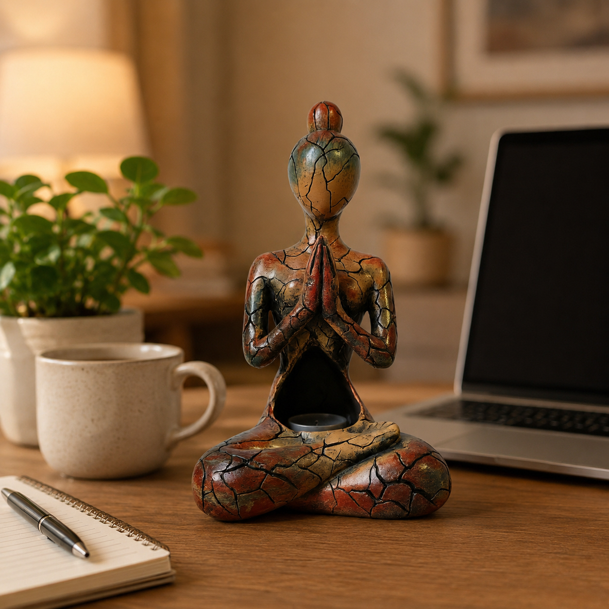 Meditating Yoga Woman Tealight Candle Holder Statue, Rustic Crackle Resin