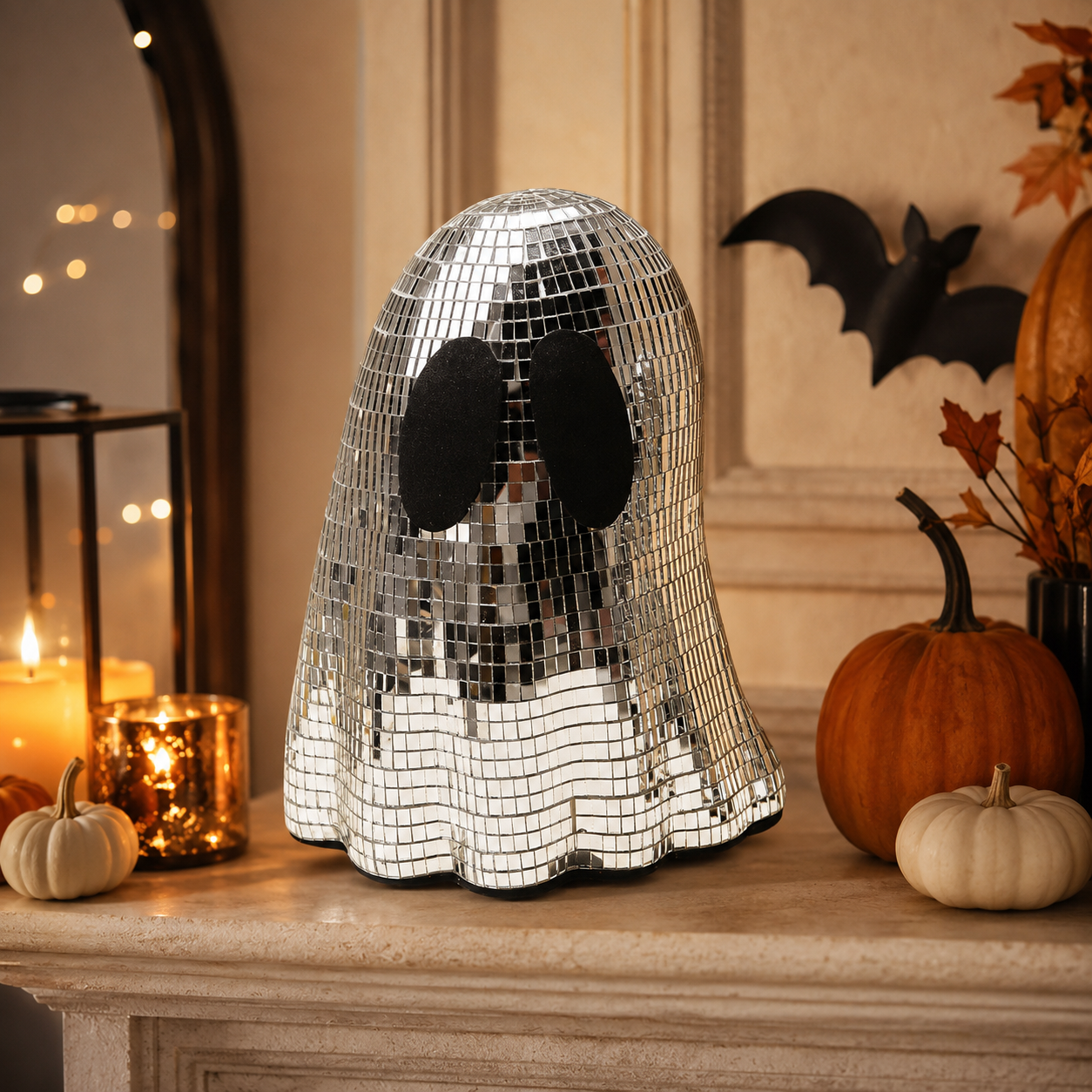 Disco Ghost Mirror Decor Set – Silver Mosaic Halloween Tabletop Ghosts