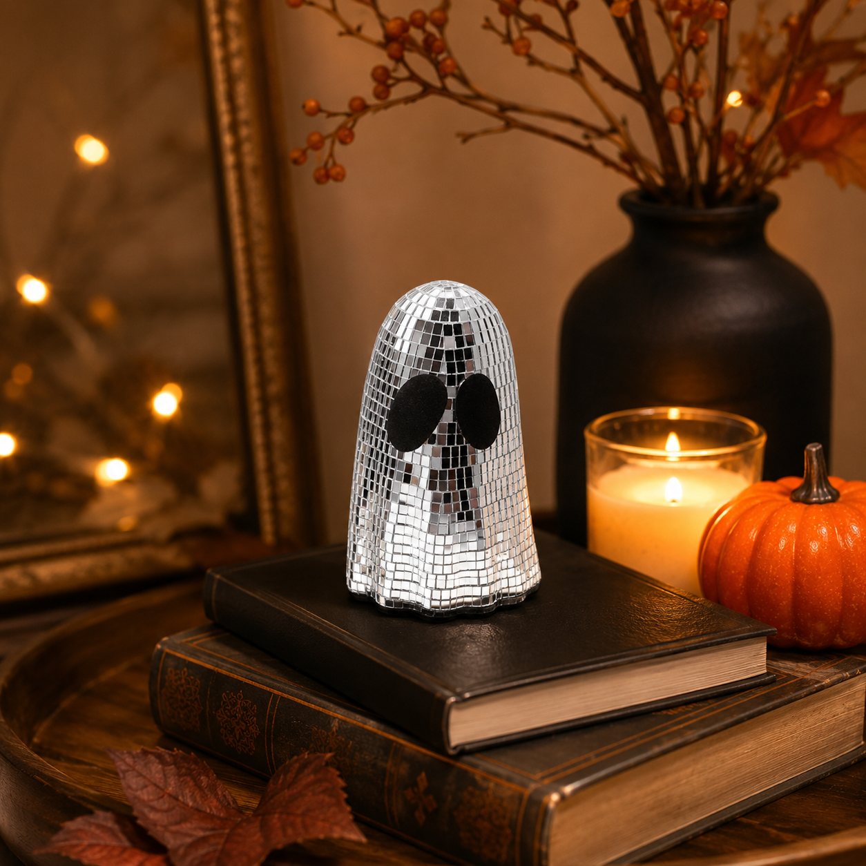 Disco Ghost Mirror Decor Set – Silver Mosaic Halloween Tabletop Ghosts
