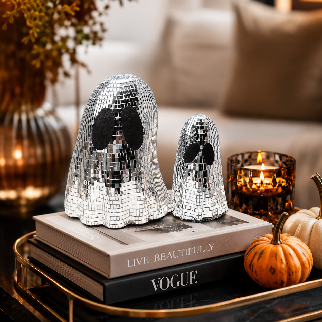 Disco Ghost Mirror Decor Set – Silver Mosaic Halloween Tabletop Ghosts