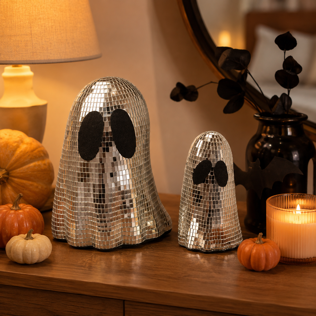 Disco Ghost Mirror Decor Set – Silver Mosaic Halloween Tabletop Ghosts