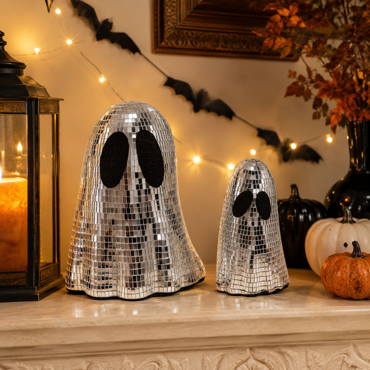 Disco Ghost Mirror Decor Set – Silver Mosaic Halloween Tabletop Ghosts