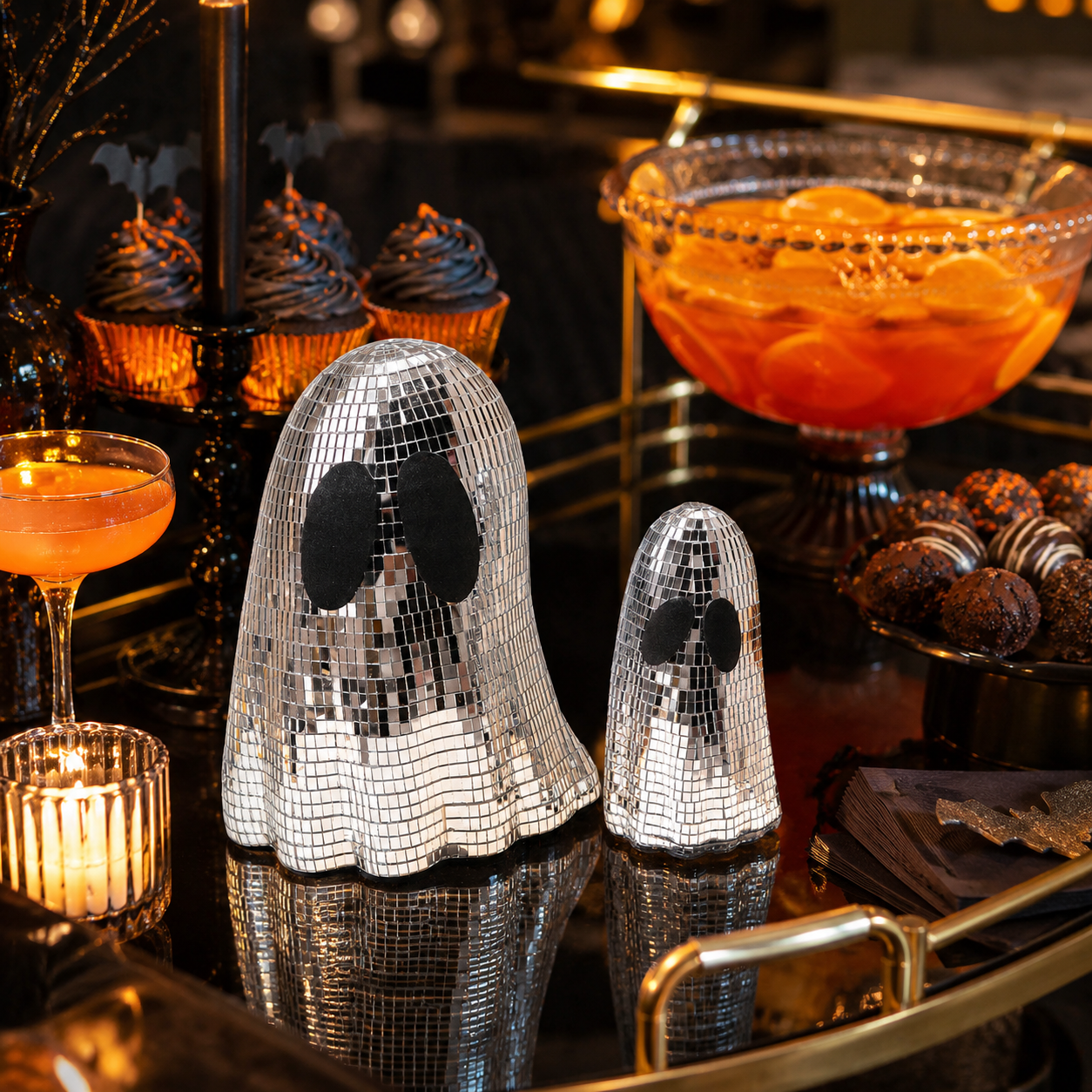 Disco Ghost Mirror Decor Set – Silver Mosaic Halloween Tabletop Ghosts