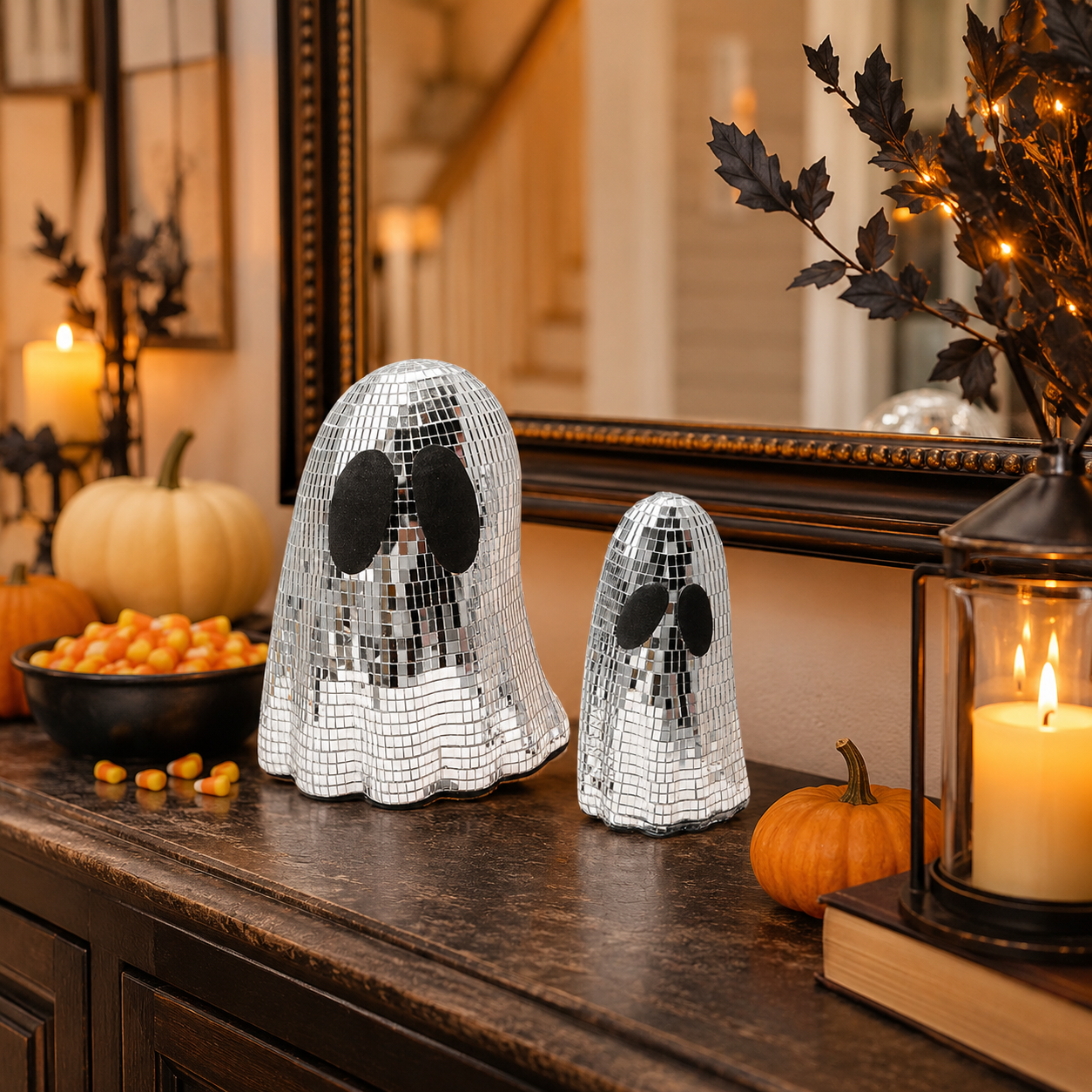 Disco Ghost Mirror Decor Set – Silver Mosaic Halloween Tabletop Ghosts