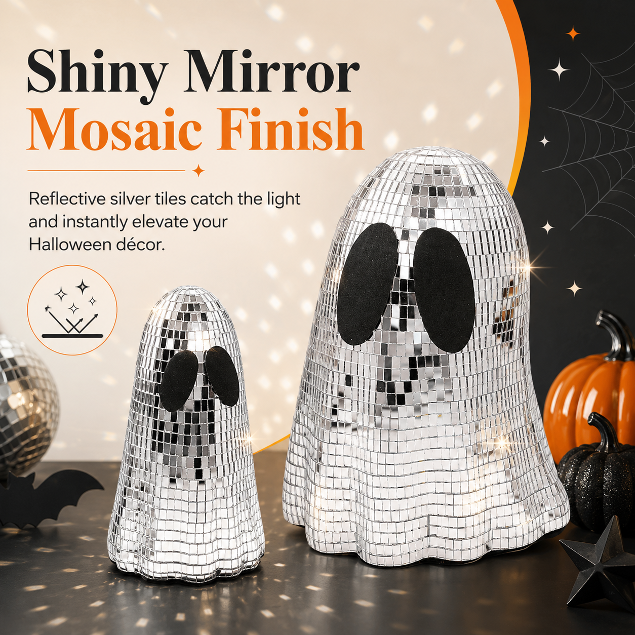 Disco Ghost Mirror Decor Set – Silver Mosaic Halloween Tabletop Ghosts