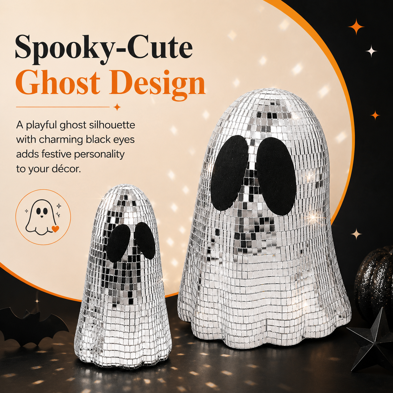 Disco Ghost Mirror Decor Set – Silver Mosaic Halloween Tabletop Ghosts