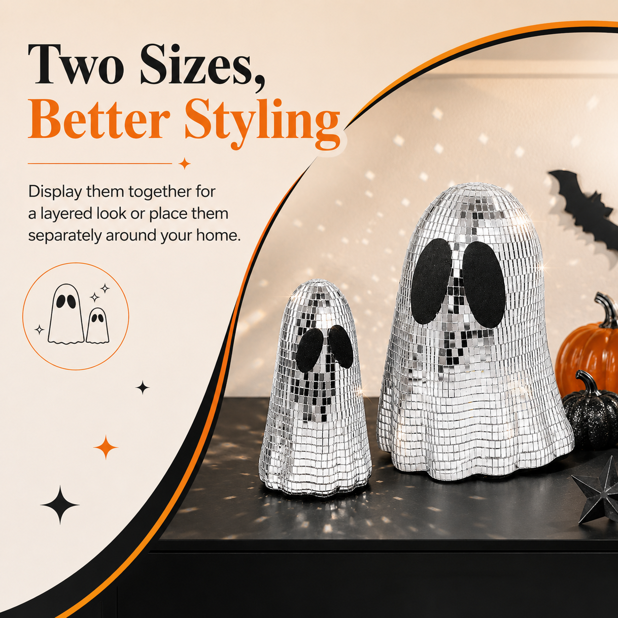Disco Ghost Mirror Decor Set – Silver Mosaic Halloween Tabletop Ghosts