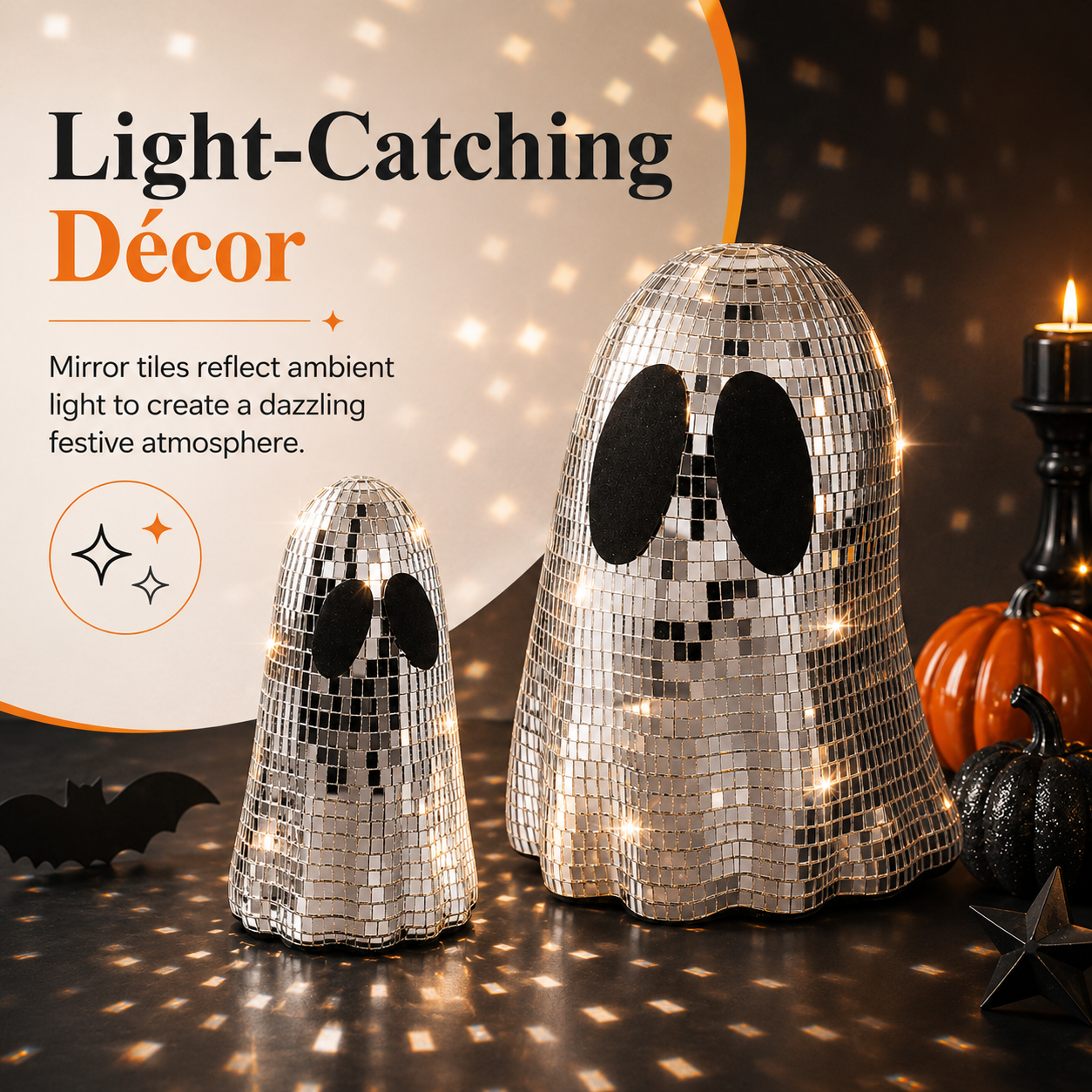 Disco Ghost Mirror Decor Set – Silver Mosaic Halloween Tabletop Ghosts