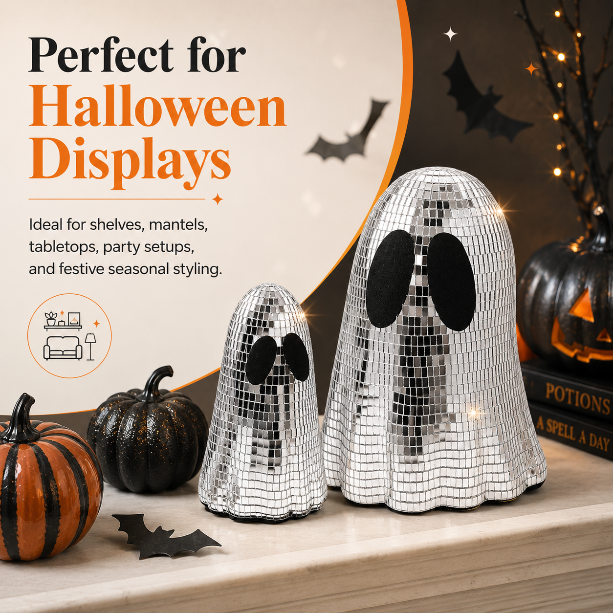Disco Ghost Mirror Decor Set – Silver Mosaic Halloween Tabletop Ghosts
