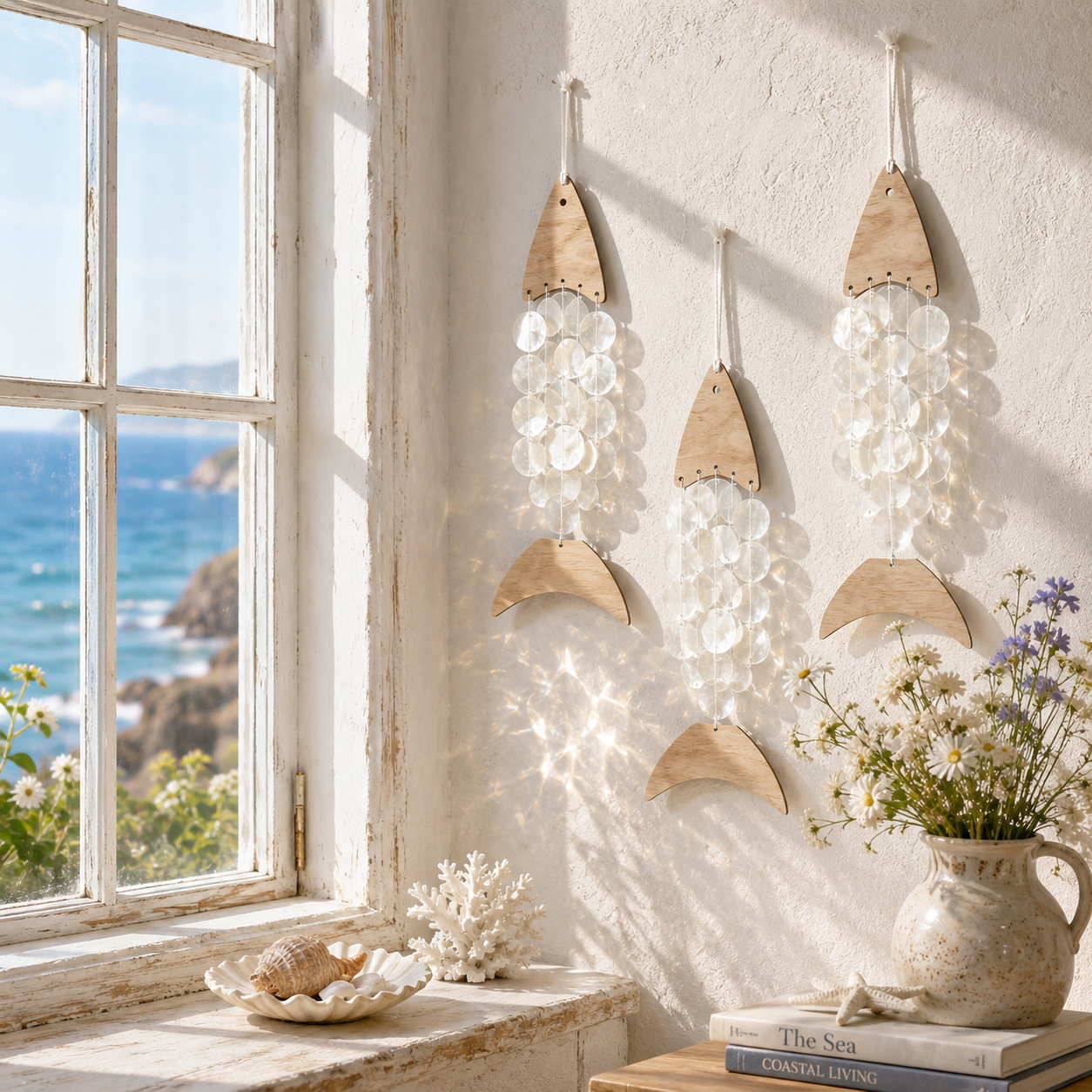 Coastal Acrylic Wind Chime Hanging Decor 🐚 – Wooden Sea Animal Wall Ornament