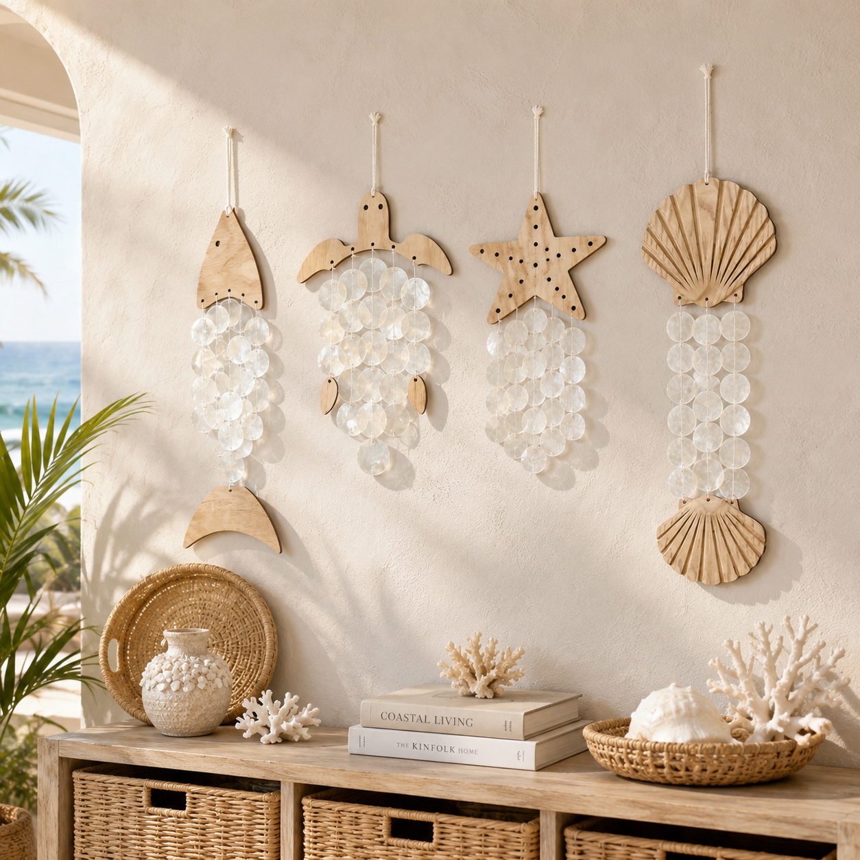 Coastal Acrylic Wind Chime Hanging Decor 🐚 – Wooden Sea Animal Wall Ornament